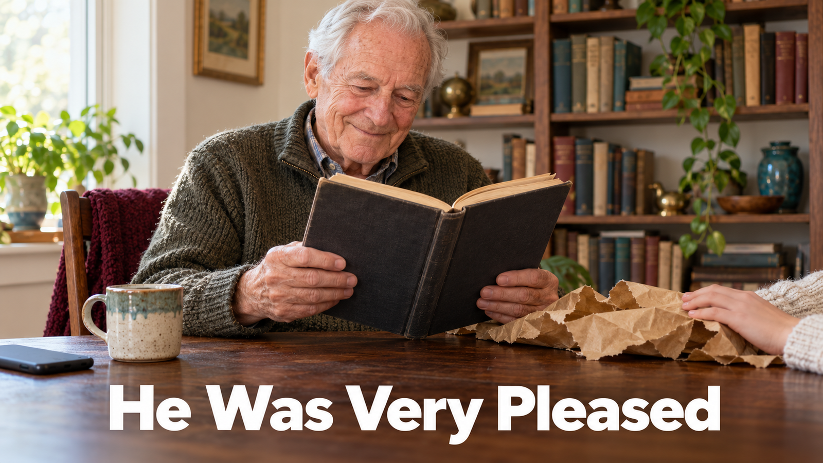 A man in his late seventies sits at a dark walnut kitchen table holding an open 1940s cloth bound military history book, torn brown wrapping paper still beside him, in warm morning light.