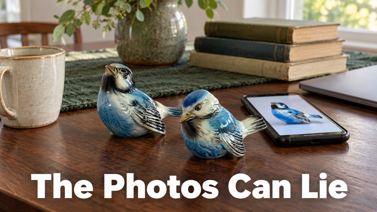 Two small vintage ceramic bird figurines side by side on a sunlit kitchen table, the real color plainly flatter than the same figurine shown on a phone screen lying beside them.