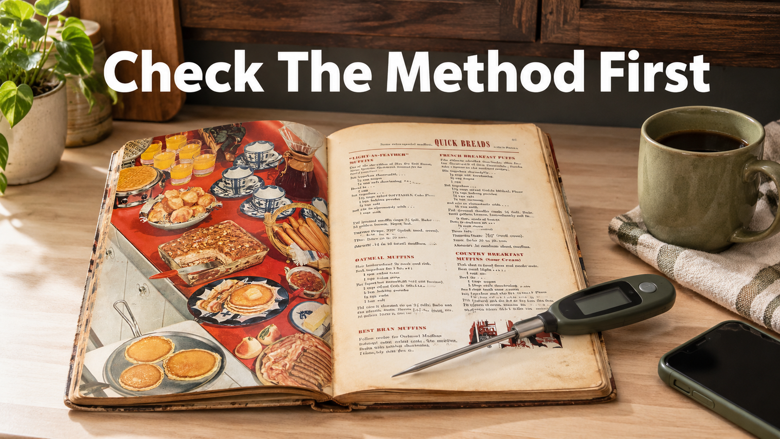 An old family cookbook lies open on a light wood kitchen counter beside a small digital food thermometer and a plain olive ceramic mug in soft daylight.