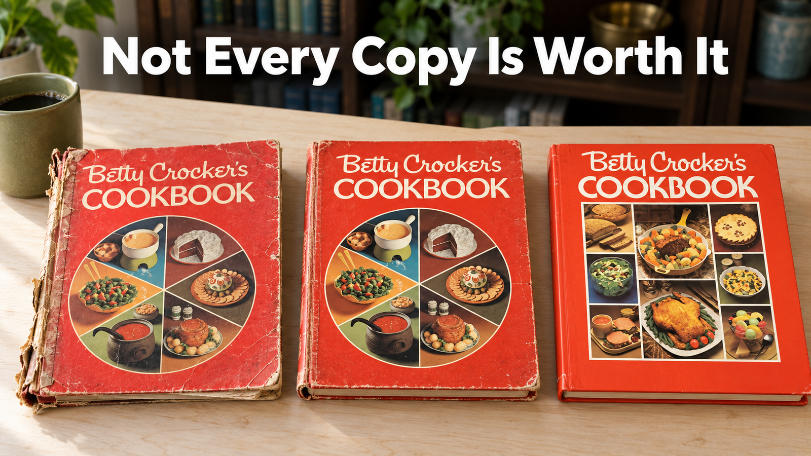 Three worn red vintage general cookbooks laid in a row on a pale birch table, one with a split spine, one with a loose cover, and one tight and clean, showing the range of condition.