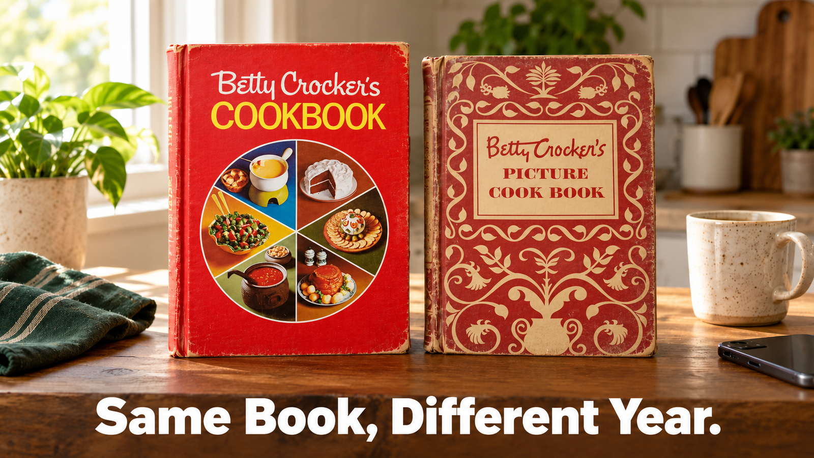 Two copies of the same vintage Betty Crocker cookbook side by side on a kitchen counter, one worn and one cleaner, showing how the same title can come from different years.