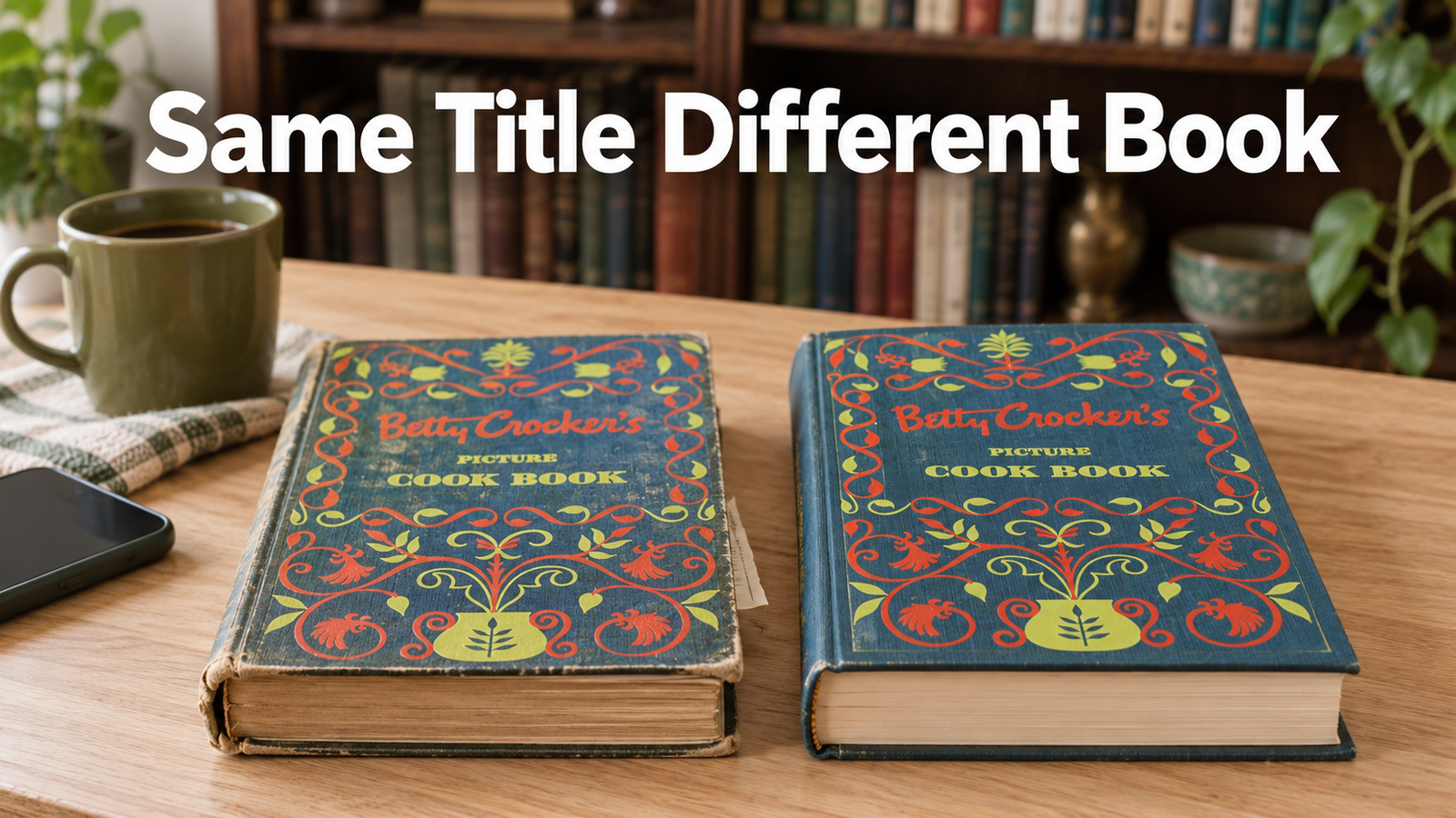 Two copies of the same vintage cookbook side by side on a pale birch table, the older printing rubbed at the corners with yellowed page edges, the newer printing clean and square.
