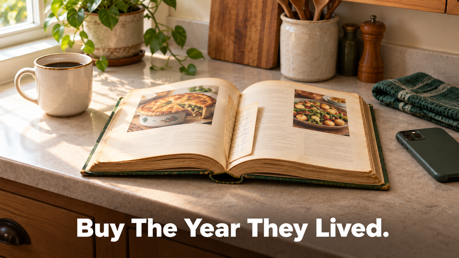 A 1960s hardcover cookbook open on a kitchen counter beside a handwritten recipe card, chosen as a wedding anniversary gift for a couple.