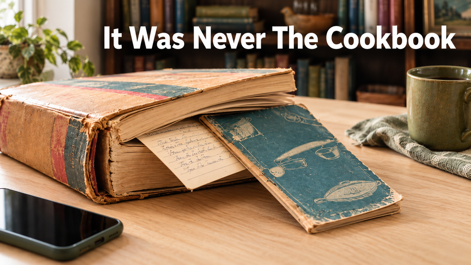 A thick worn vintage cookbook tipped open on a pale birch kitchen table with several thin stapled recipe booklets and a folded recipe card slipping out of its pages.