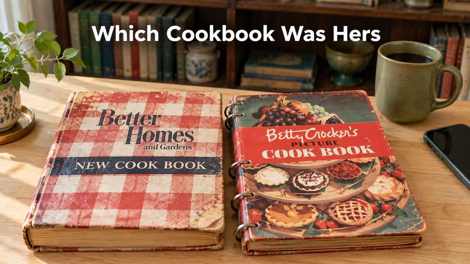Two vintage cookbooks side by side on a light wood kitchen table, one with a red and white checkered cover and one solid red with a script name, for telling Betty Crocker from Better Homes and Gardens.