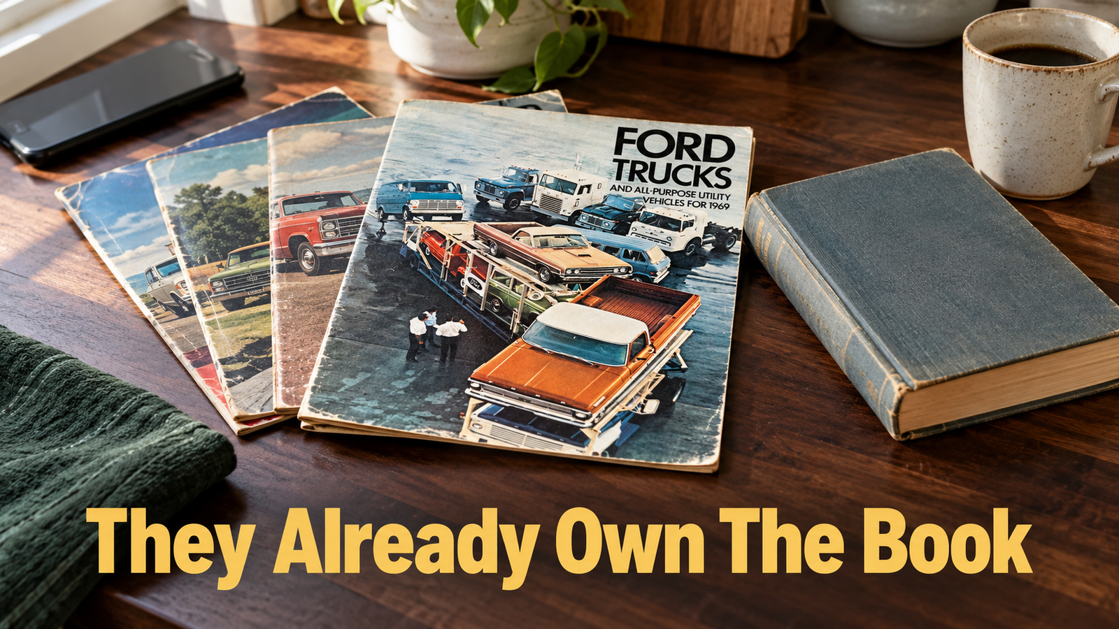 A set of 1970s car dealership brochures fanned out on a kitchen counter next to a vintage hardcover, a plain mug, and a phone lying face down, lit by warm window light.