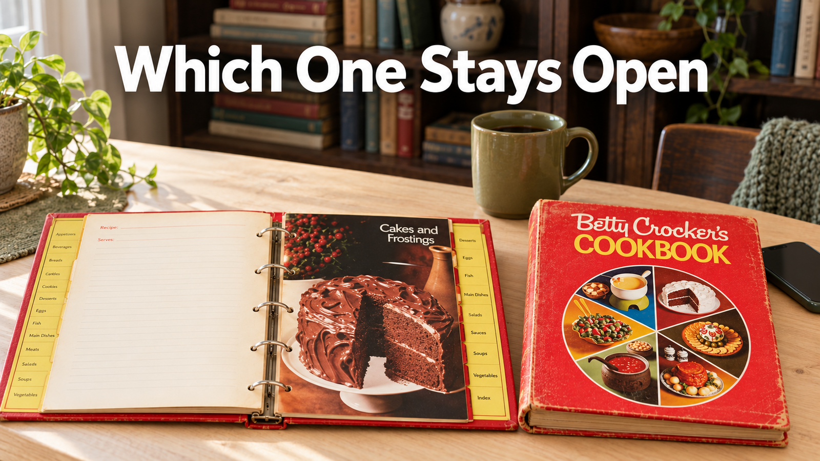 Two vintage cookbooks side by side on a pale birch kitchen table, a red ring binder cookbook lying open and flat with its rings showing and a bound hardcover of the same age lying closed beside it.