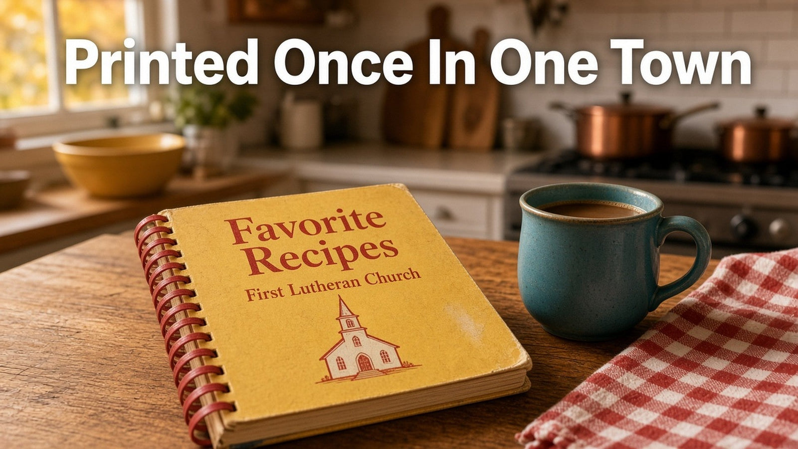 A worn mustard spiral bound church cookbook titled Favorite Recipes on a warm wood kitchen table beside a teal mug and a red checked towel.