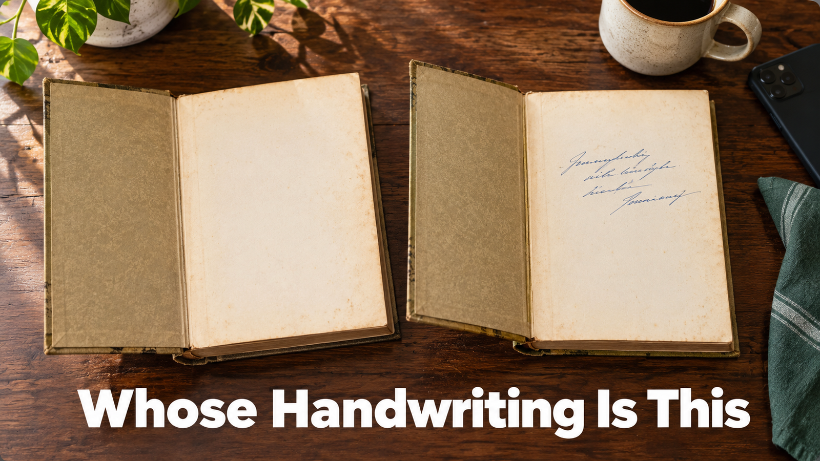 Two similar vintage hardcover books lying open side by side on a dark wood table, one front page blank and the other with a handwritten inscription in faded blue ink