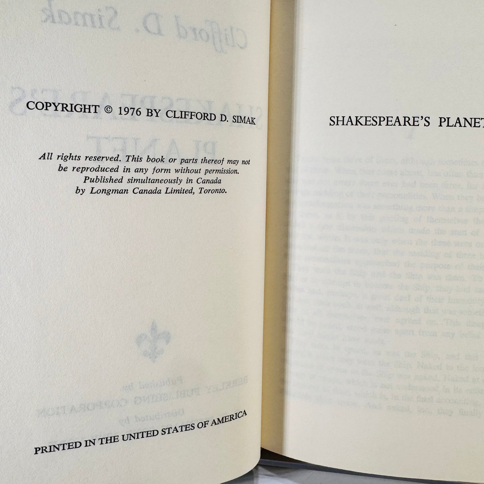 Shakespeare's Planet by Clifford D. Simak 1976 Hardcover Vintage SciFi