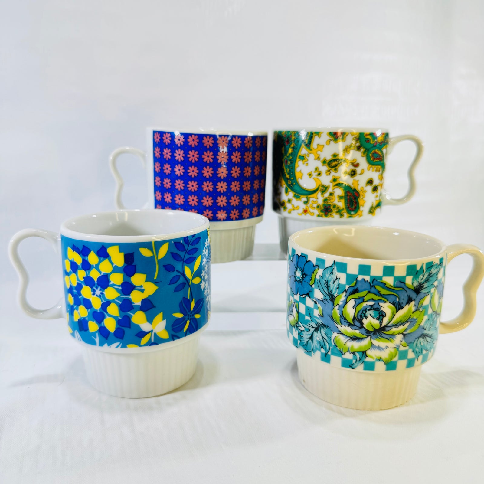1970s Japan Stacking Coffee Mugs Set of 4 Mismatched Flower Power Cups