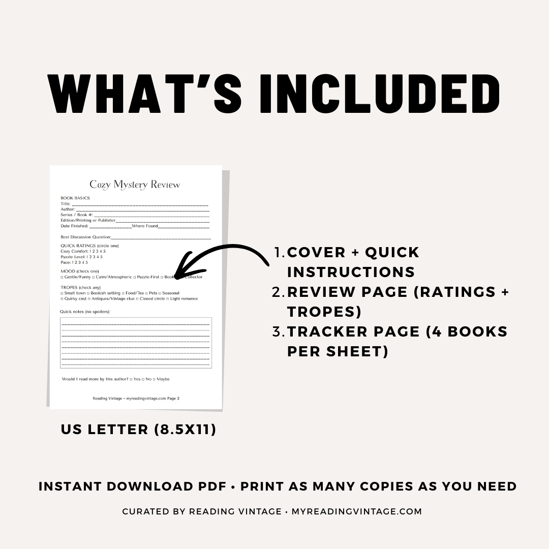 Cozy Mystery Tracker + Review Printable (US Letter PDF) | Reading Journal Pages