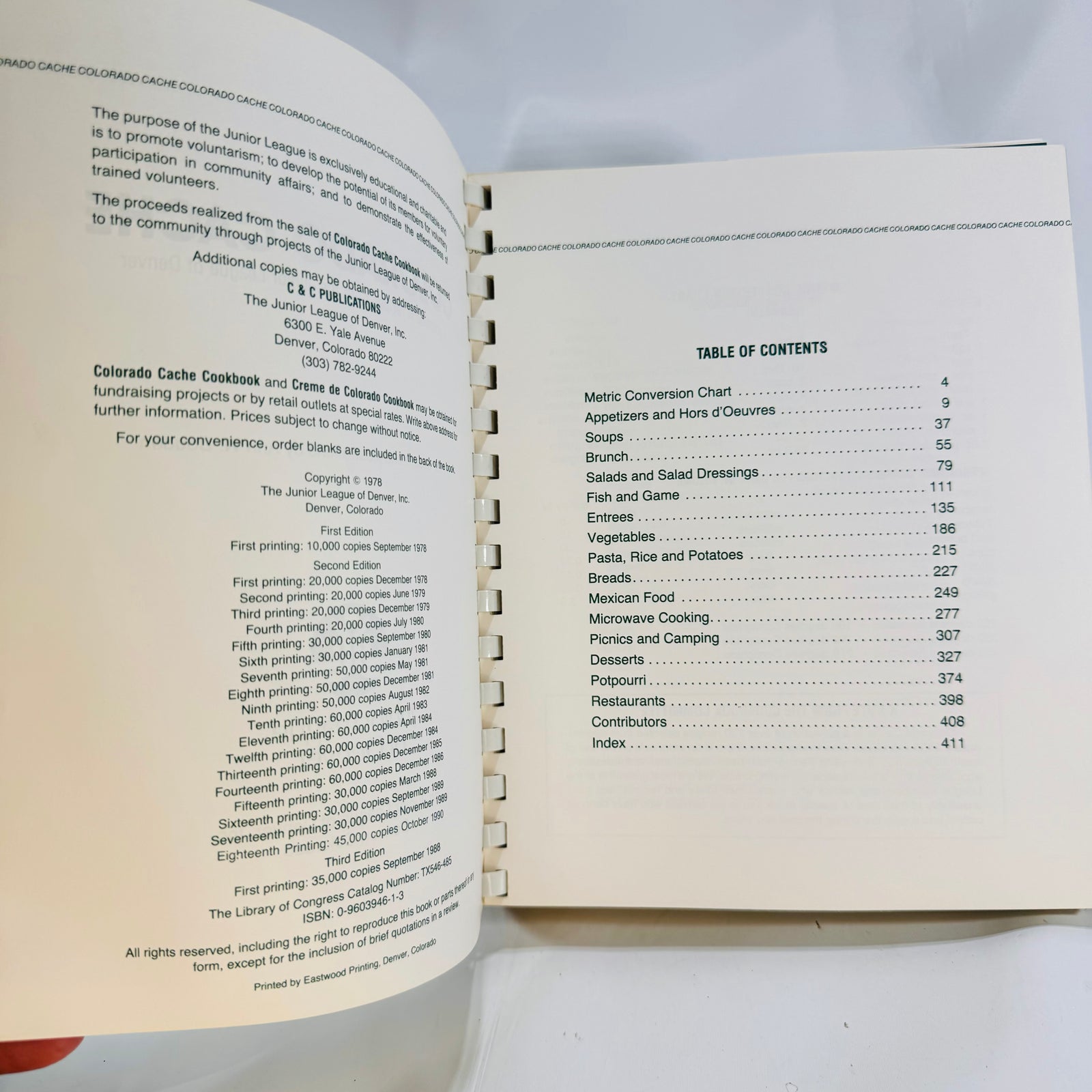 Colorado Cache Cookbook by the Junior League of Denver 1988 Plastic Comb Binding