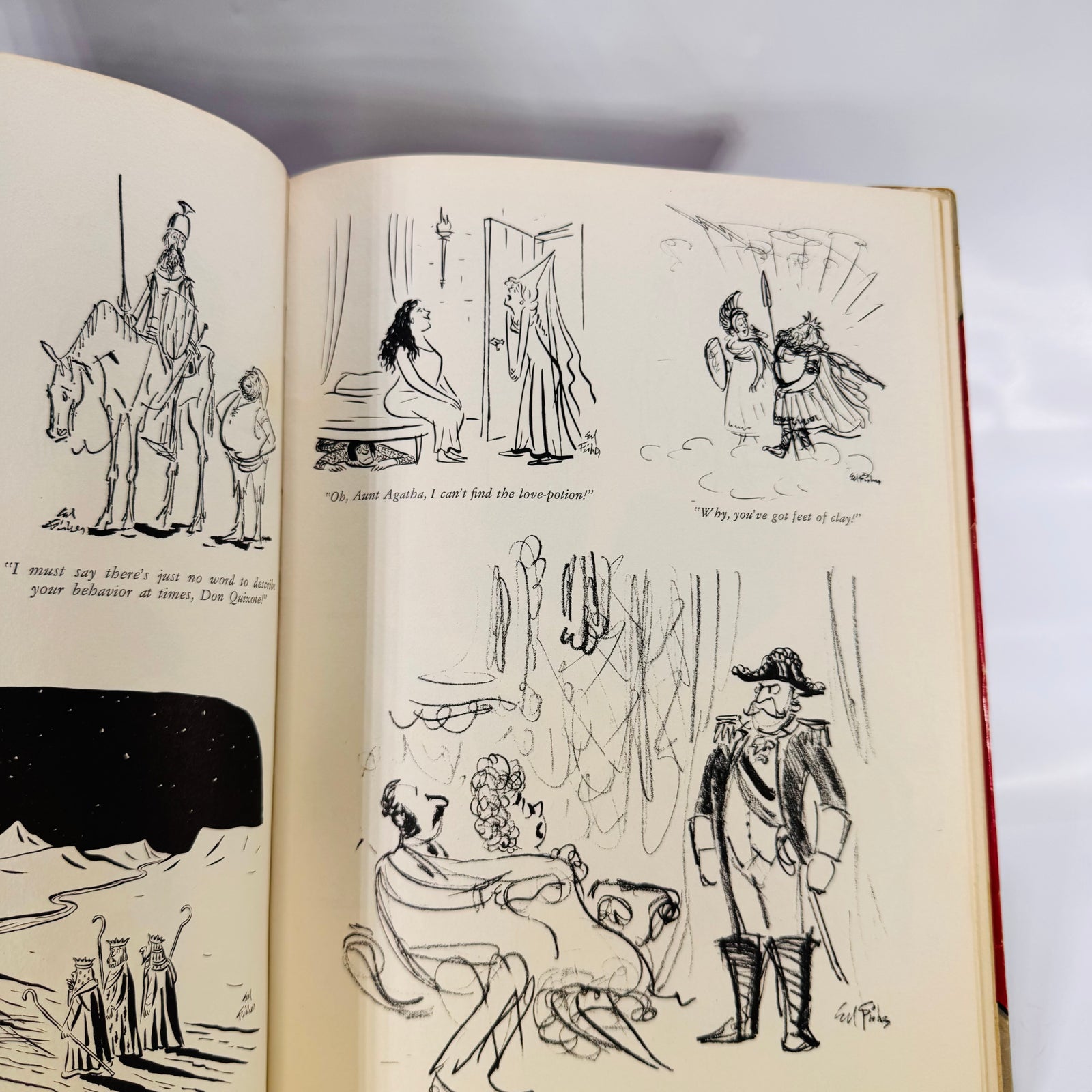 Ed Fisher's Domesday Book 1961 open to Don Quixote and Aunt Agatha cartoons