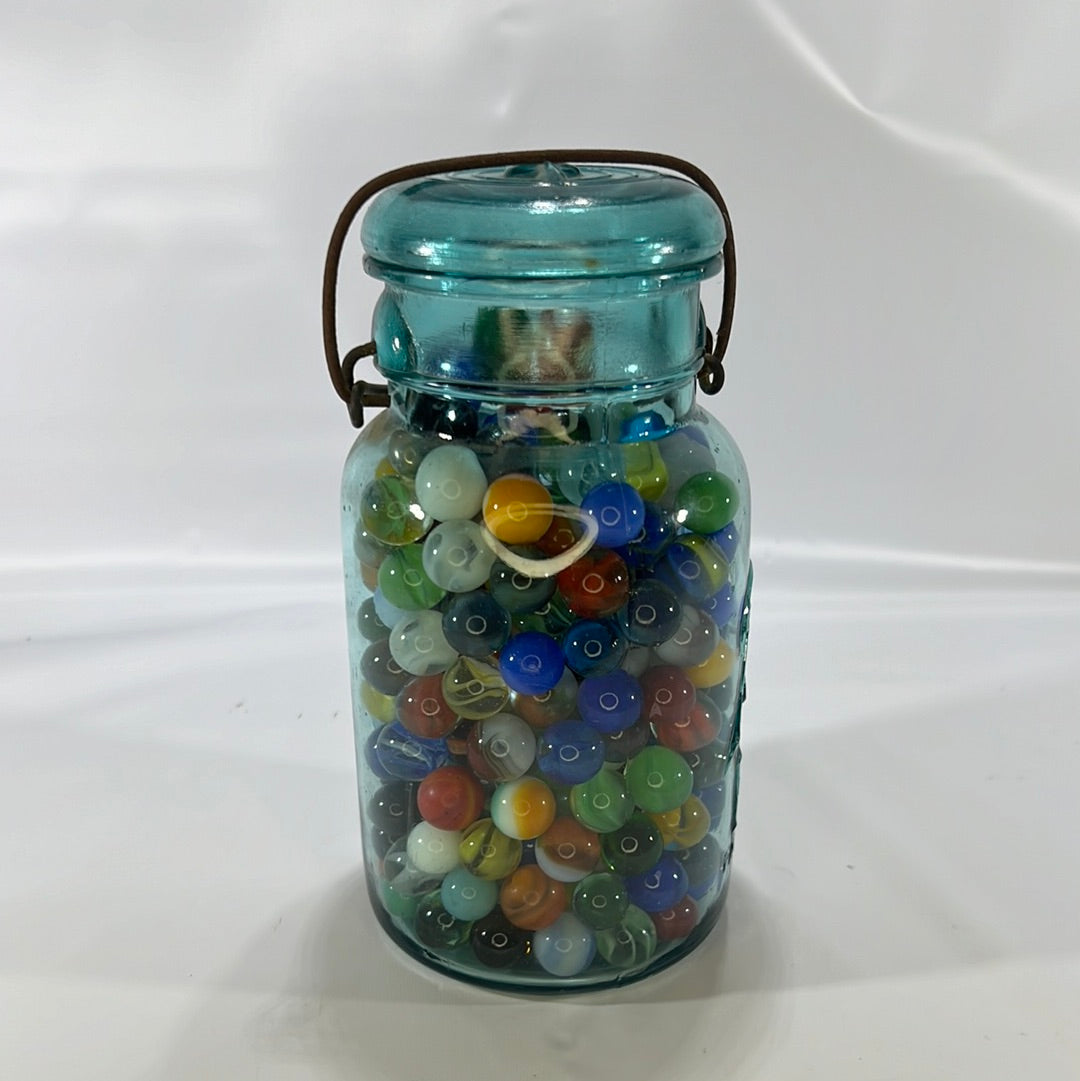 Blue Ball Ideal Quart Jar with Wire Slide Glass Lid filled with Colorful Marbles Vintage Decor
