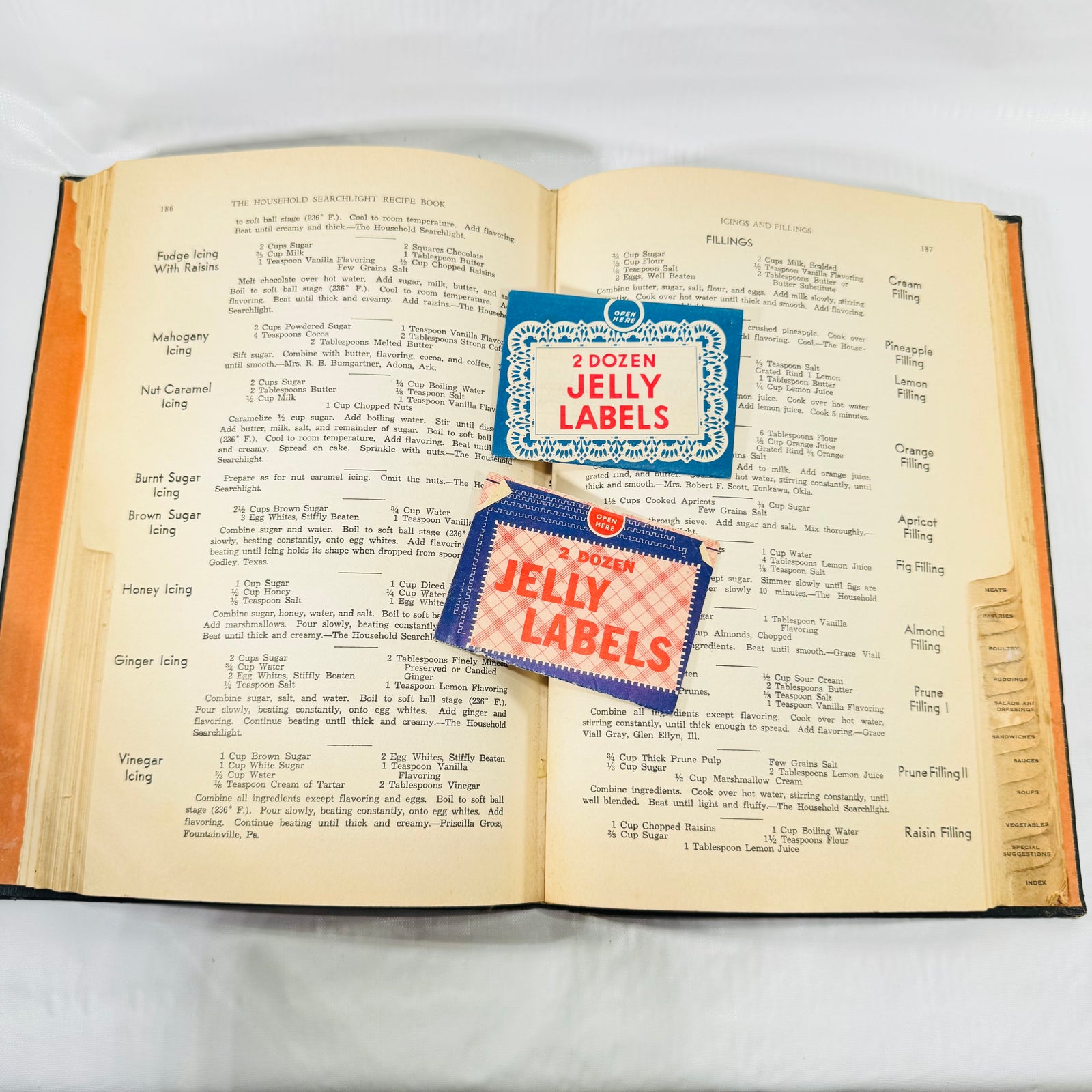 Two jelly label packets on icing and filling recipe pages