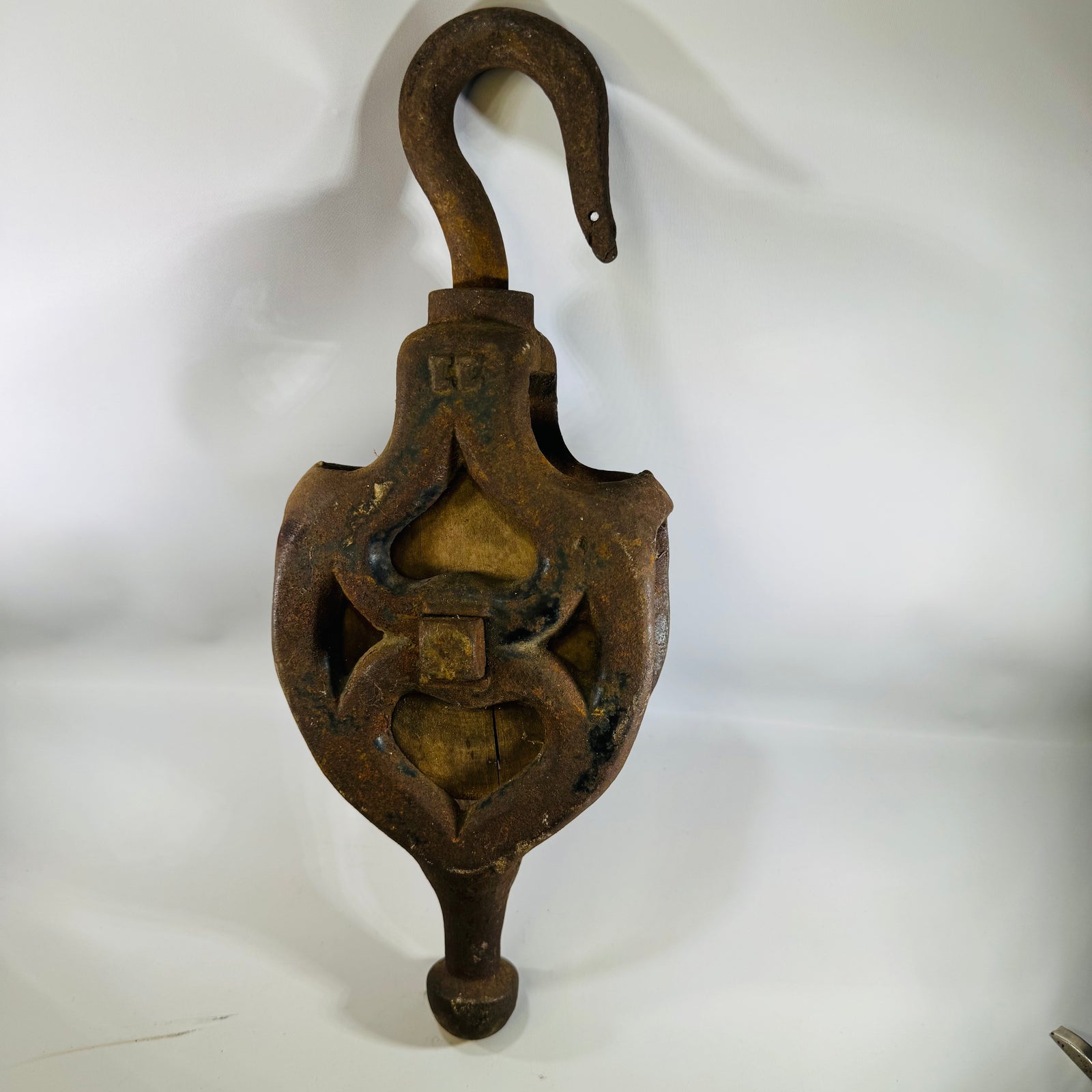 Antique Cast Iron Barn Pulley with Wooden Wheel, 1800s Farm Equipment