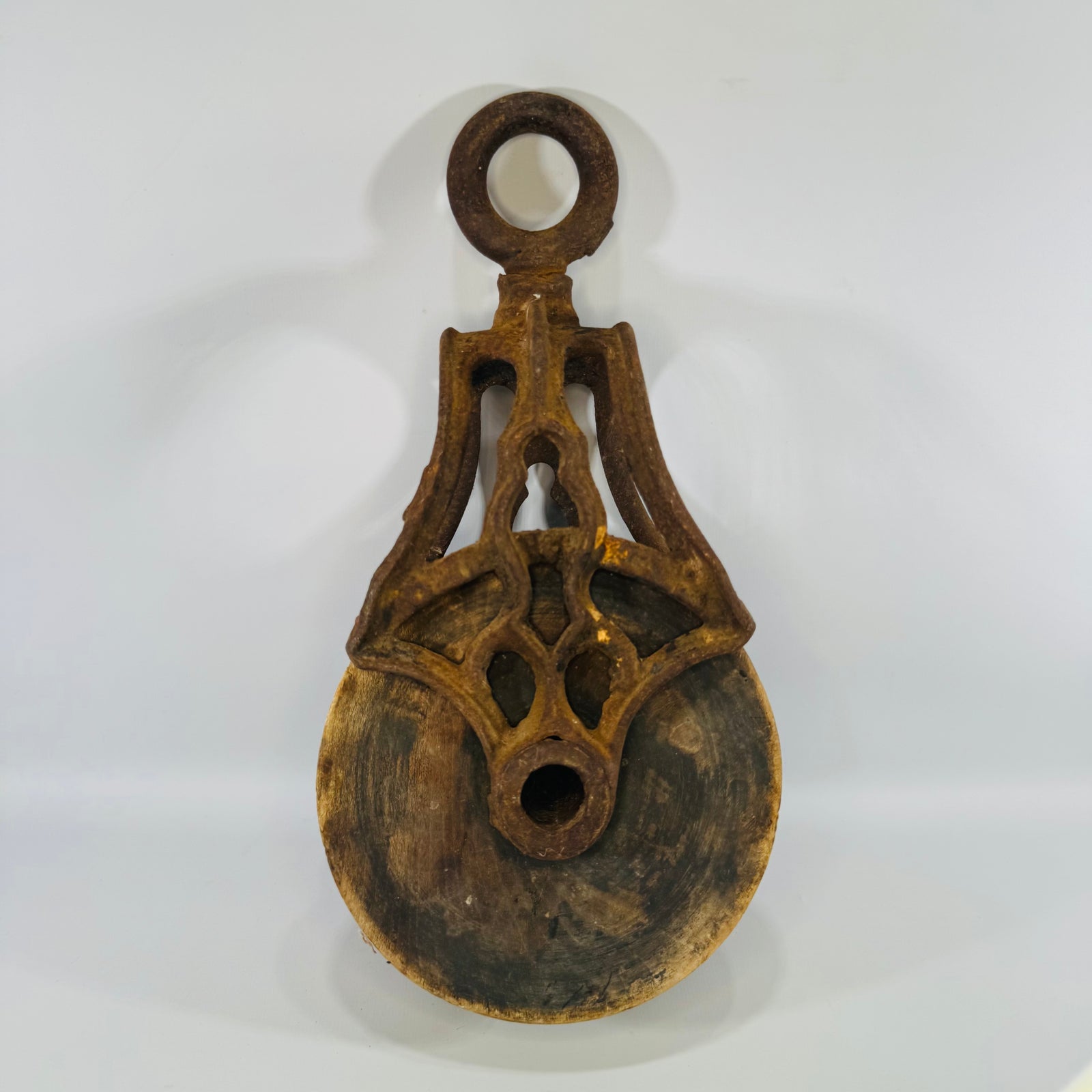 Antique Cast Iron Barn Pulley with Wood Sheave Rustic Industrial Decor