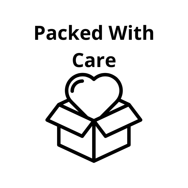 Logo with a box and heart labeled 'Packed With Care' on a white background