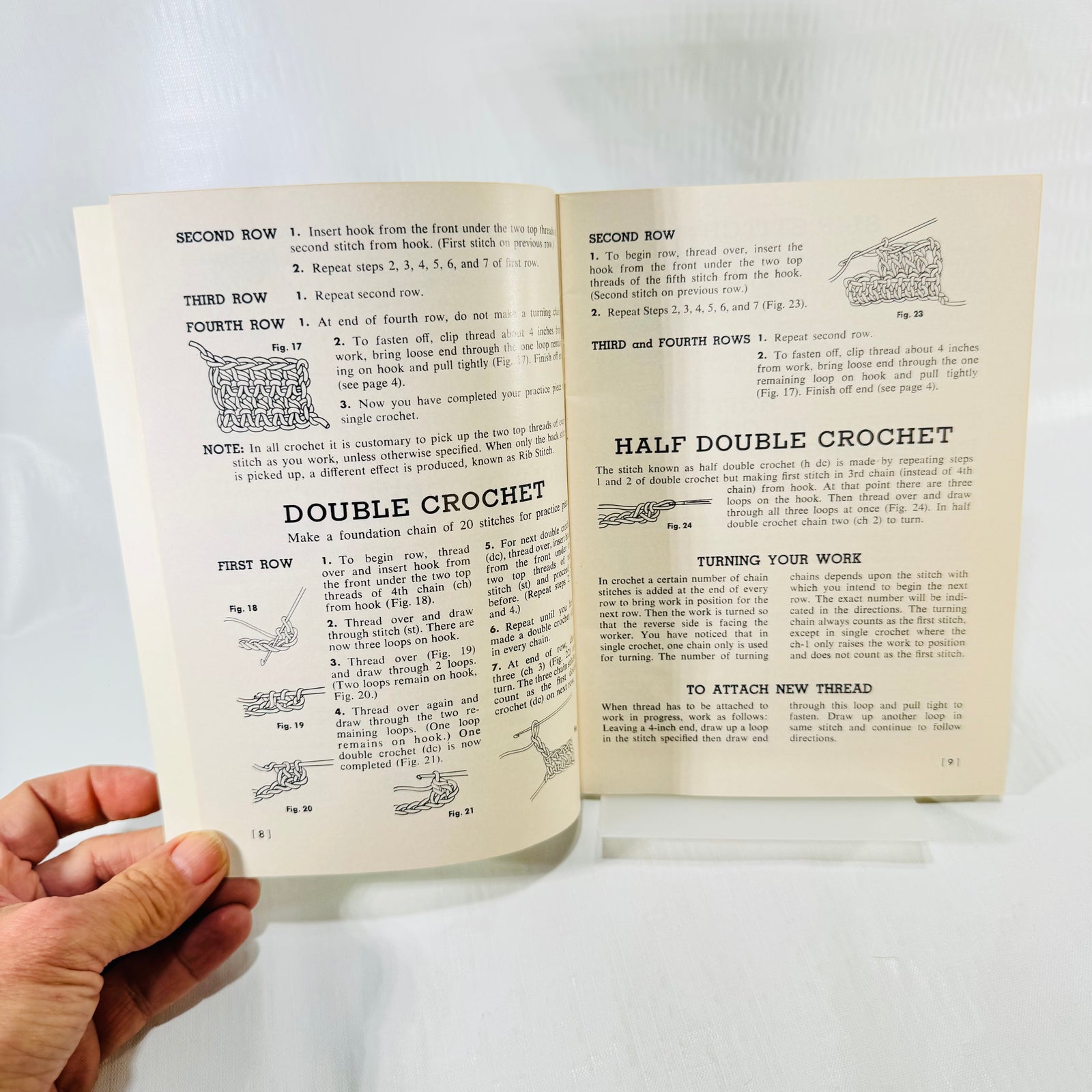 Crochet instructions with stitch diagrams, pages 8 and 9