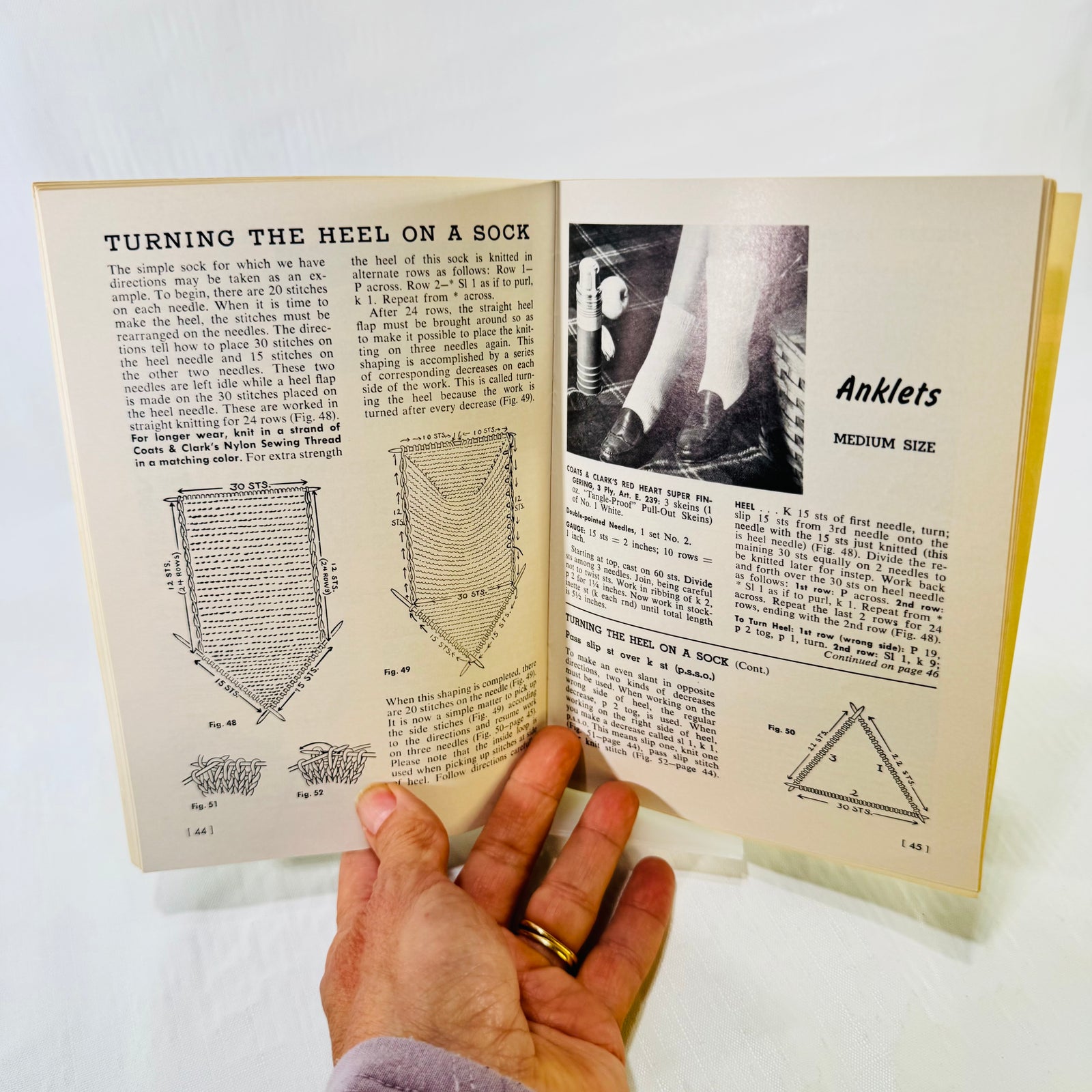 Sock heel instructions and knitted anklets, pages 44 and 45
