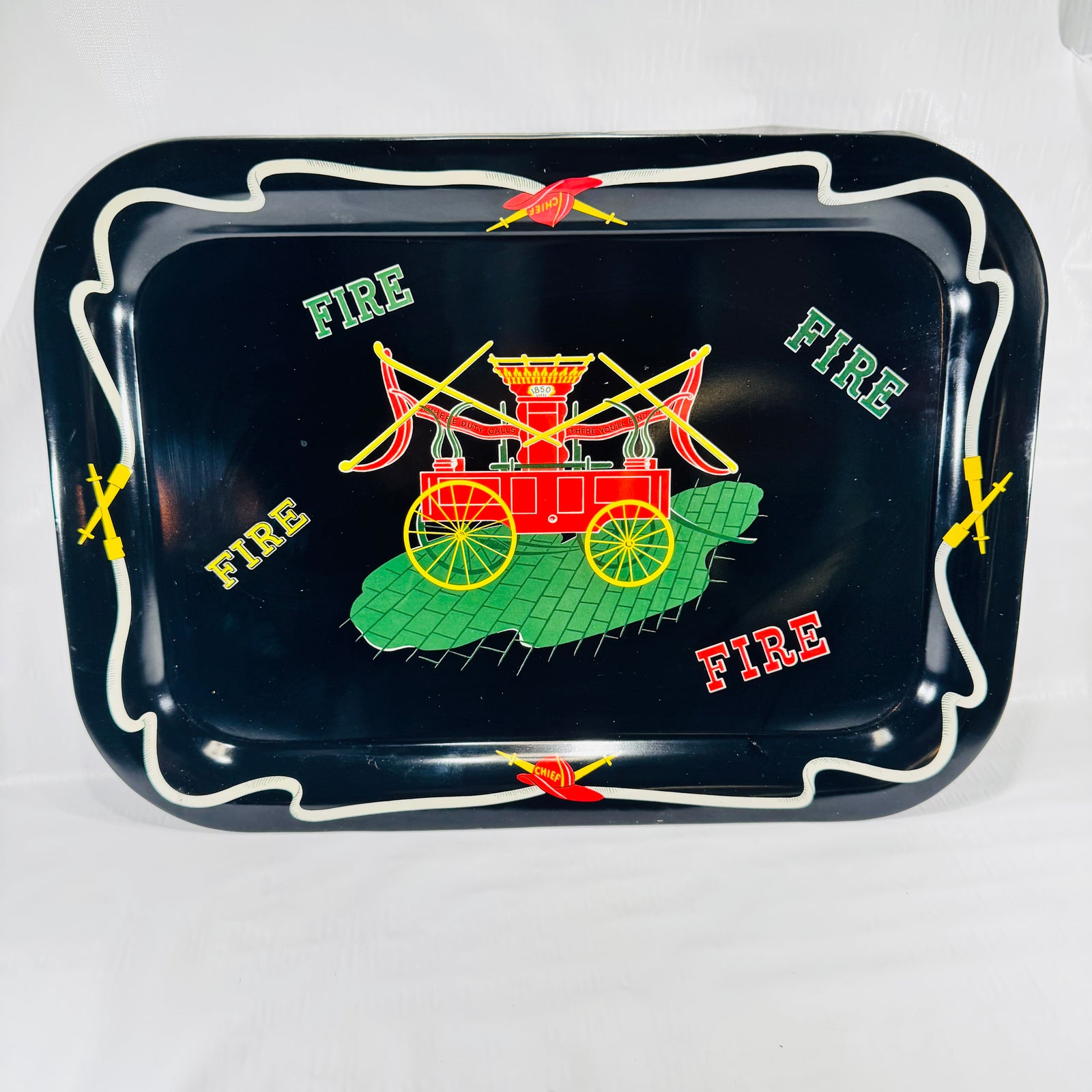 1970s Fire Fighting Tin Lithograph Serving Tray 1850 Horse Drawn Fire Engine