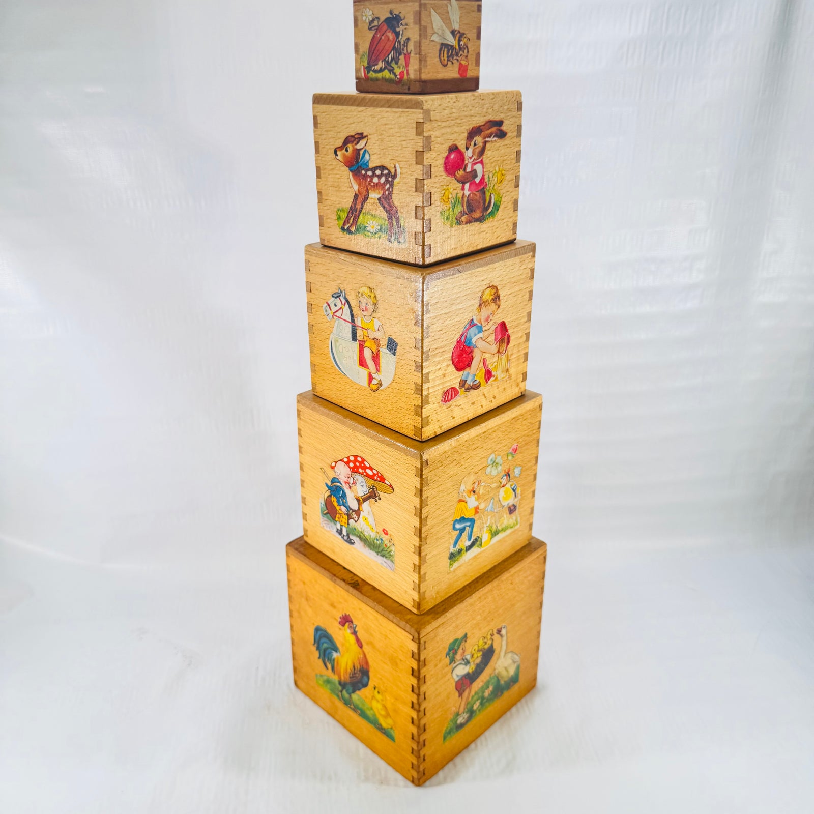 Vintage Wooden Nesting Boxes 5 Piece Illustrated Children's Stacking Toy