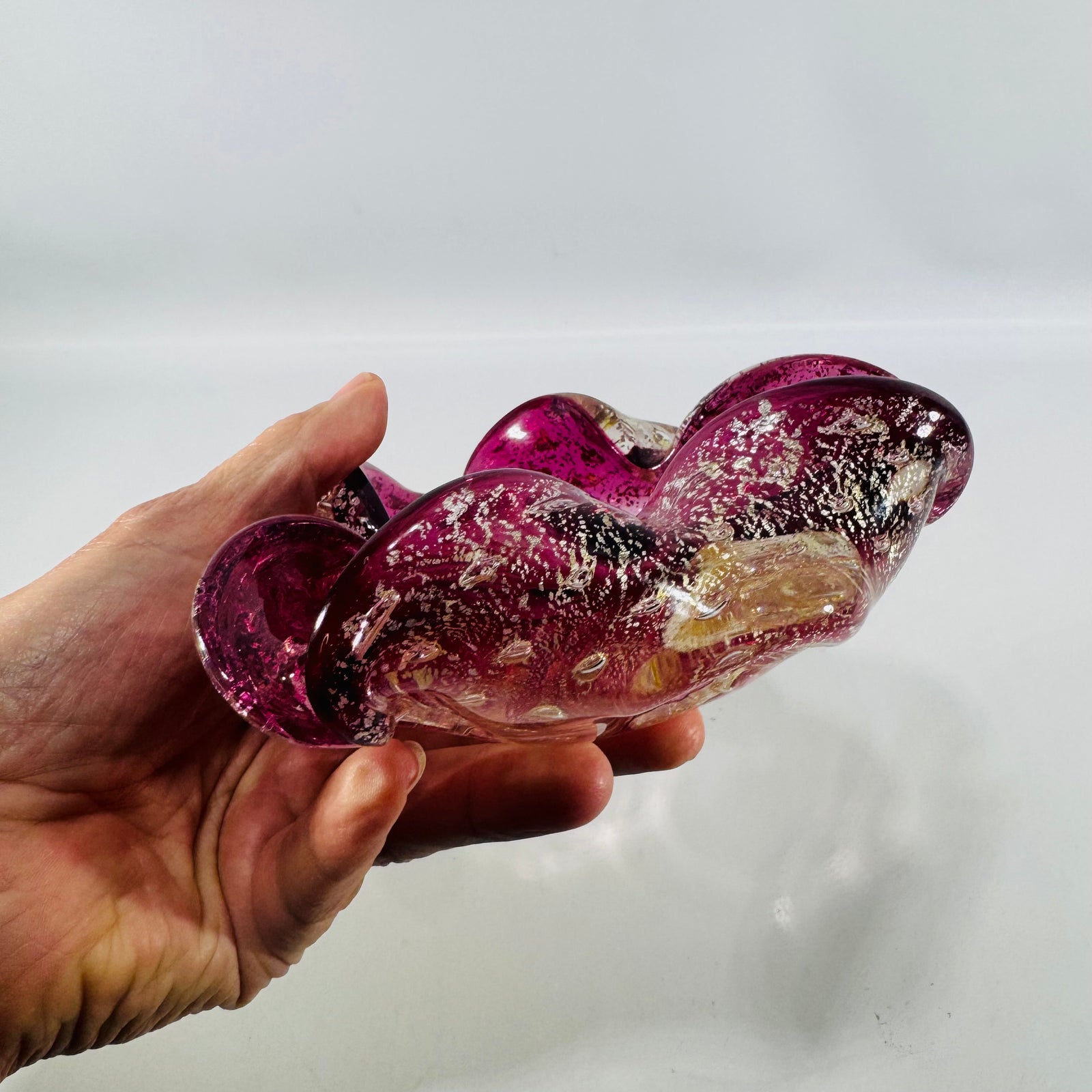 Murano Art Glass Cranberry Pink Aventurine Bullicante Bowl — Italian Hand Blown Freeform Centerpiece