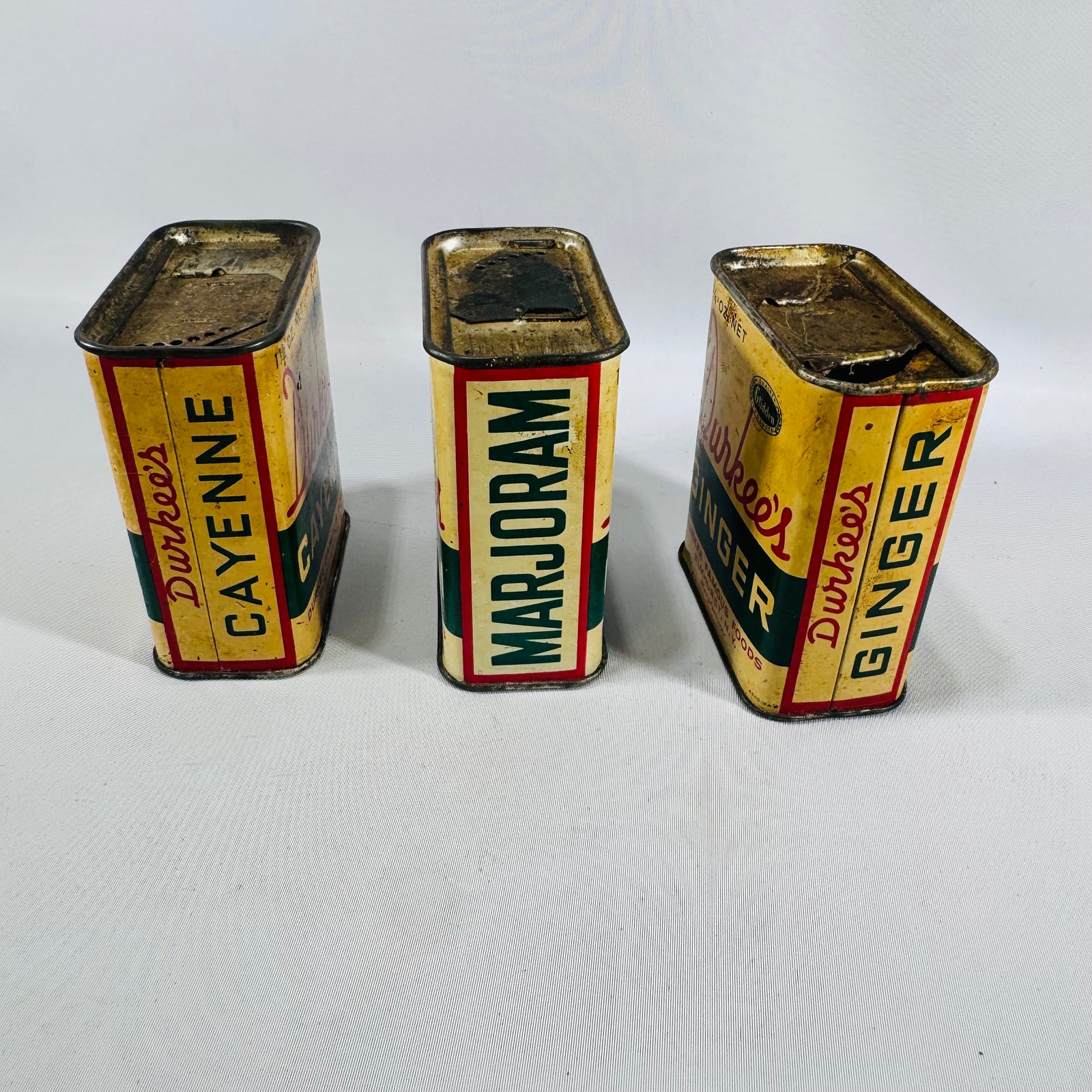 Vintage Durkee's Spice Tin Set of 3 — Cayenne, Marjoram, Ginger — Durkee Famous Foods Elmhurst NY, Mid-Century Kitchen Advertising Tins