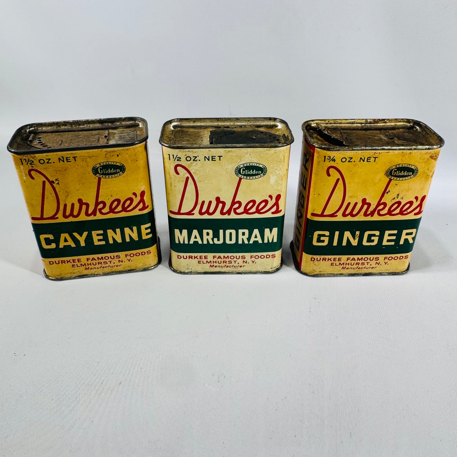 Vintage Durkee's Spice Tin Set of 3 — Cayenne, Marjoram, Ginger — Durkee Famous Foods Elmhurst NY, Mid-Century Kitchen Advertising Tins