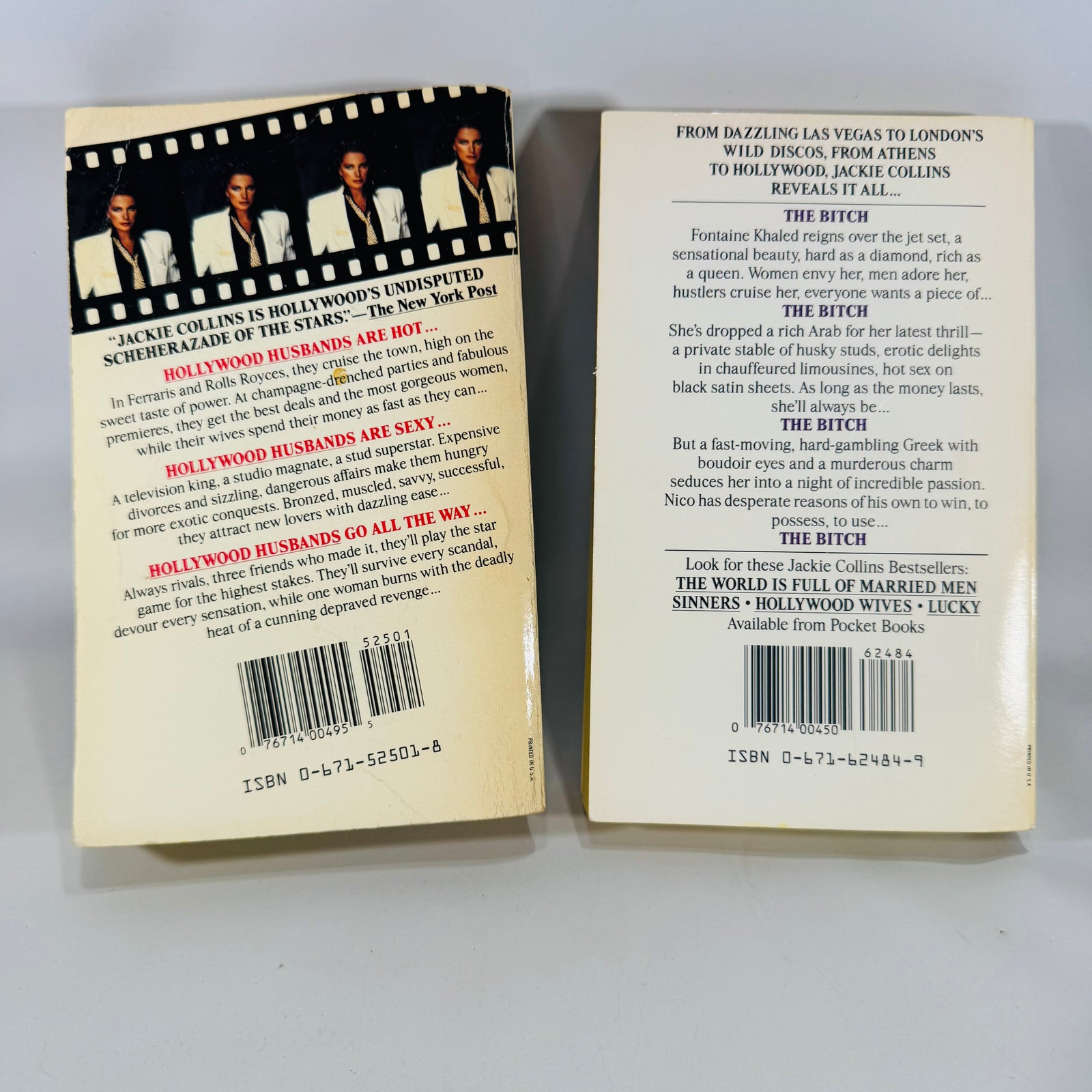Vintage Jackie Collins Paperback Bundle — The Bitch (1984) & Hollywood Husbands (1987) — Glamour, Scandal & Fame, Romantic Suspense / Celebrity Drama
