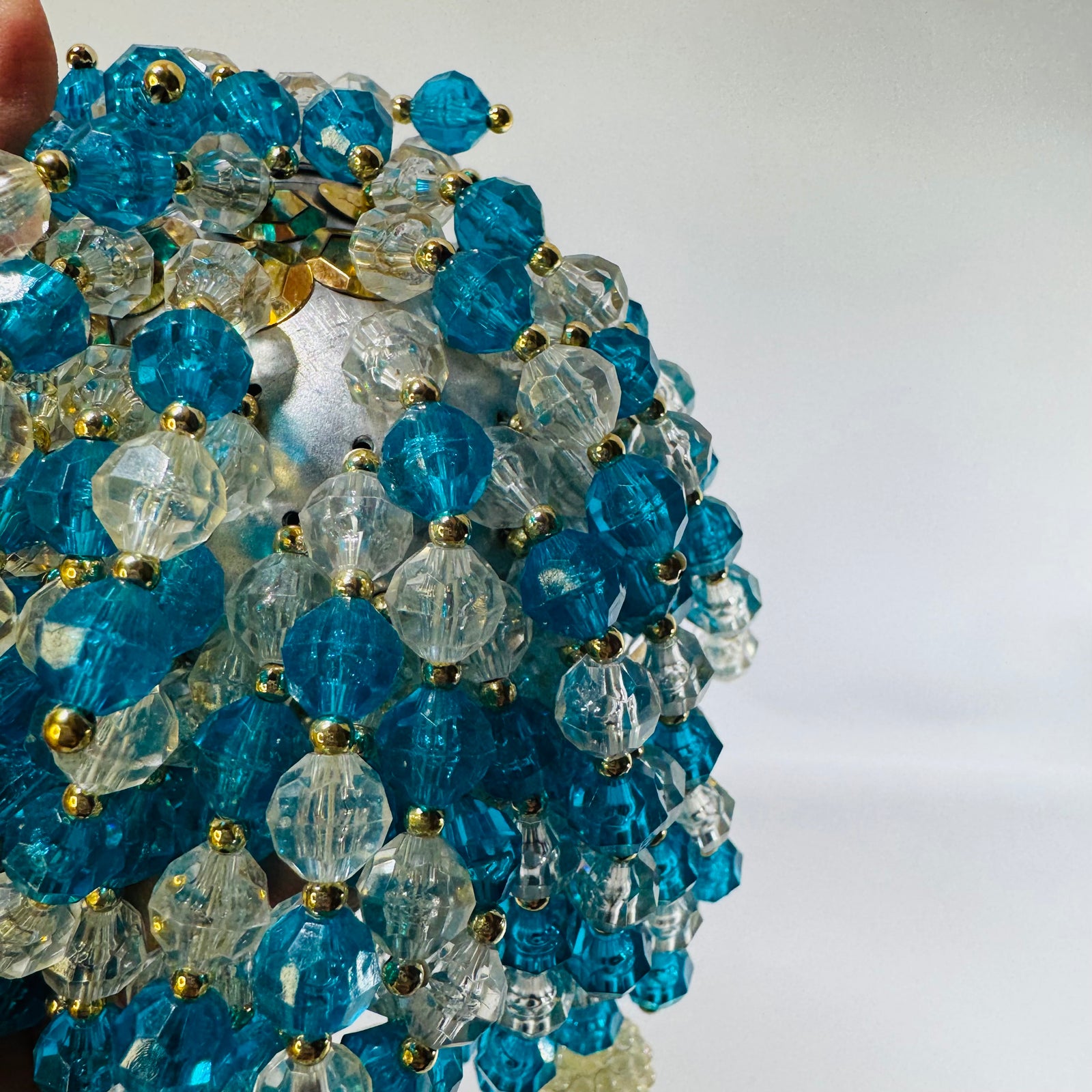 Vintage Handmade Beaded Christmas Ornament, Blue & Clear Icicle Chandelier Style