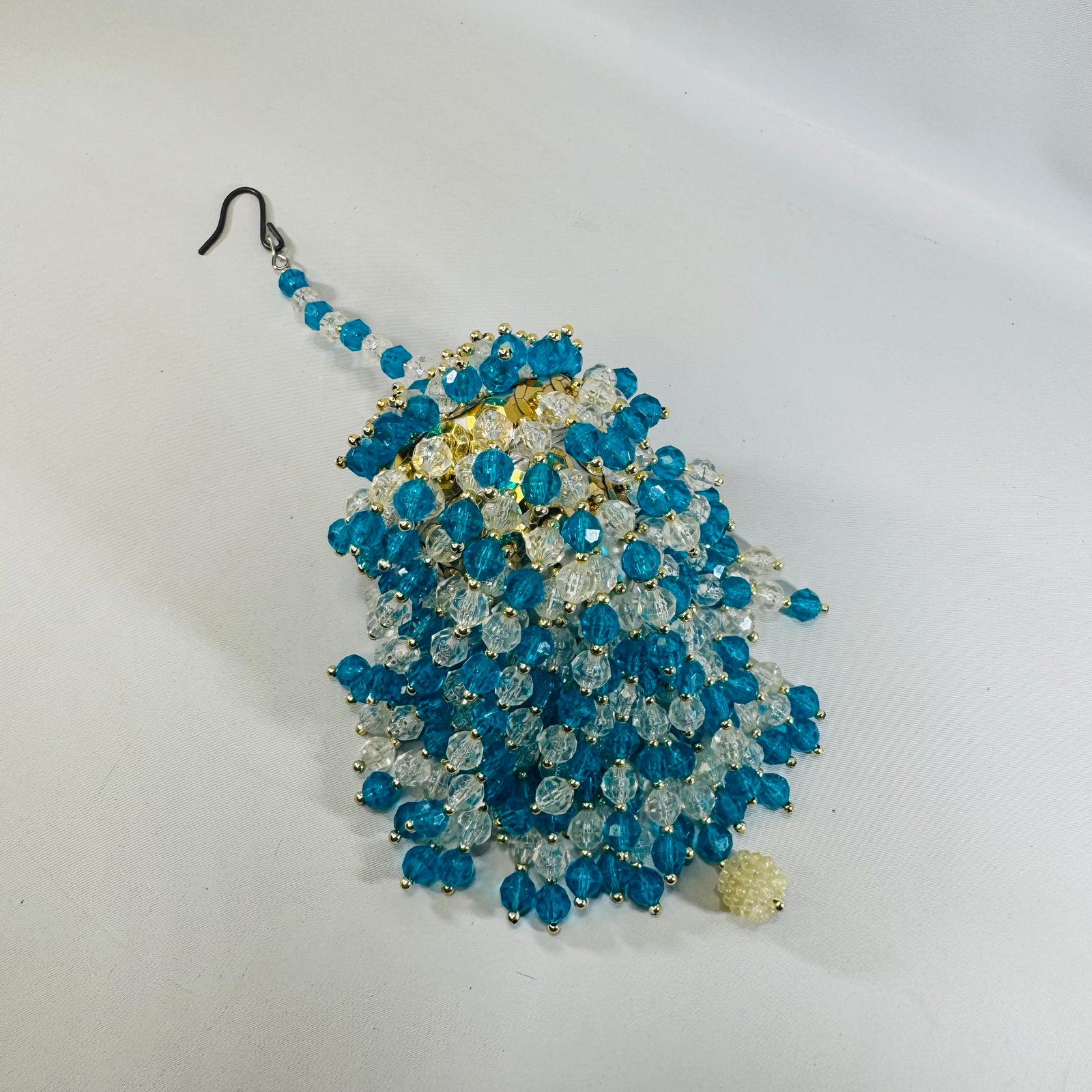 Vintage Handmade Beaded Christmas Ornament, Blue & Clear Icicle Chandelier Style