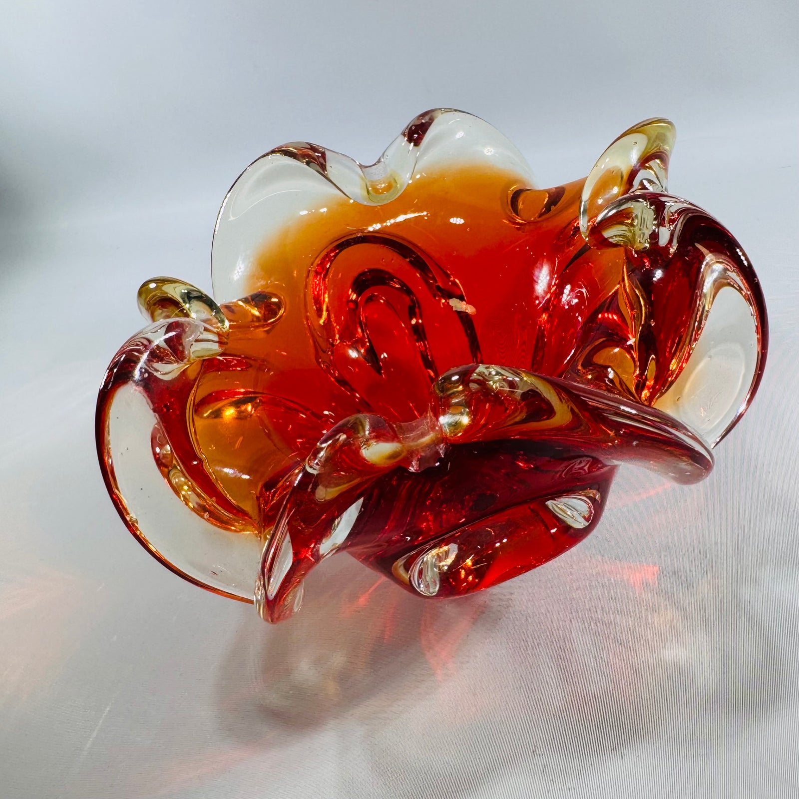 Vintage Murano Glass Floral Centerpiece Bowl, Red Amber Hand-Blown, Mid-Century Modern