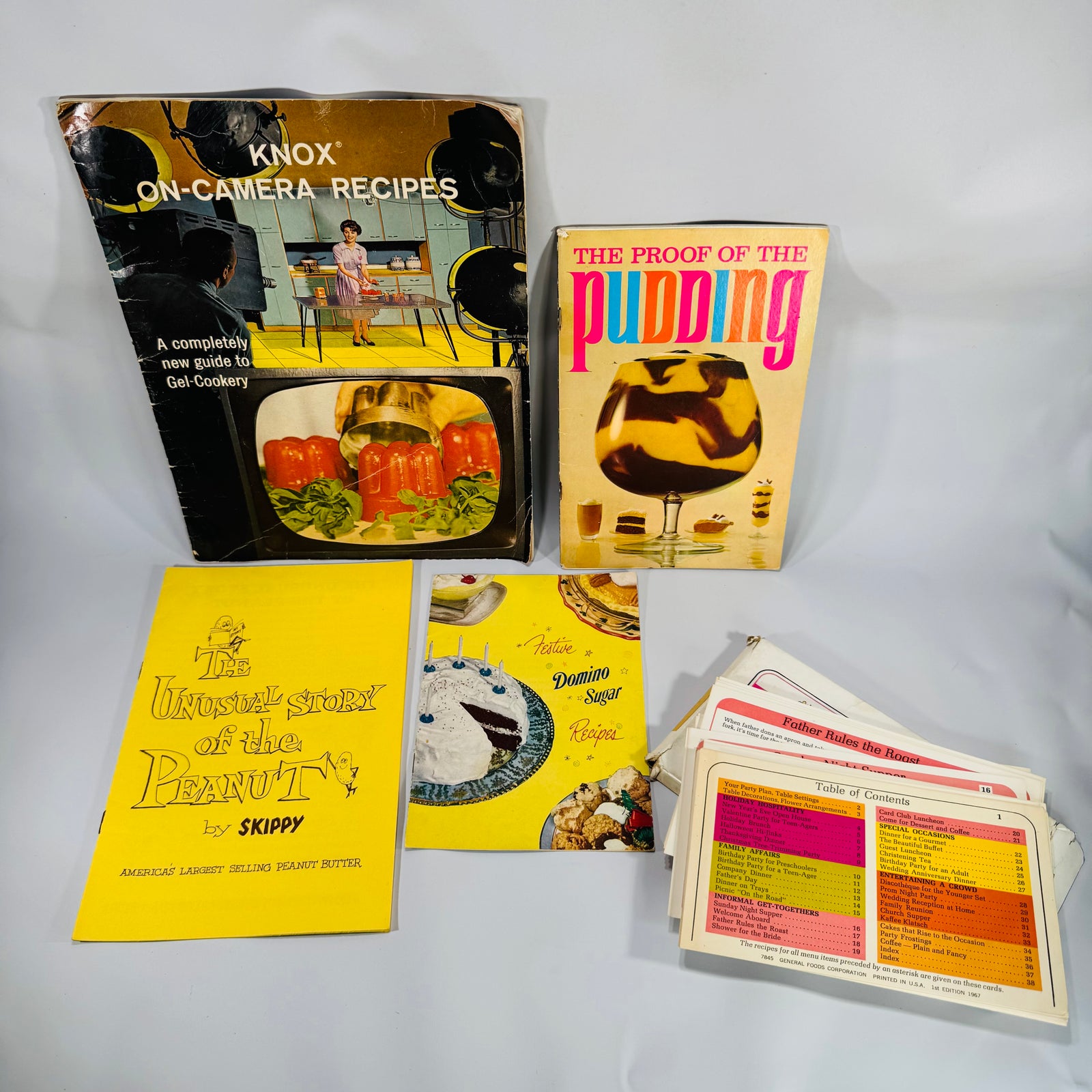 Vintage Retro Kitchen & Cooking Book Bundle — Knox Gel-Cookery (1962), Domino Sugar, Skippy Peanut, Jell-O Hostess Guide, Proof of the Pudding — 5-Piece Lot