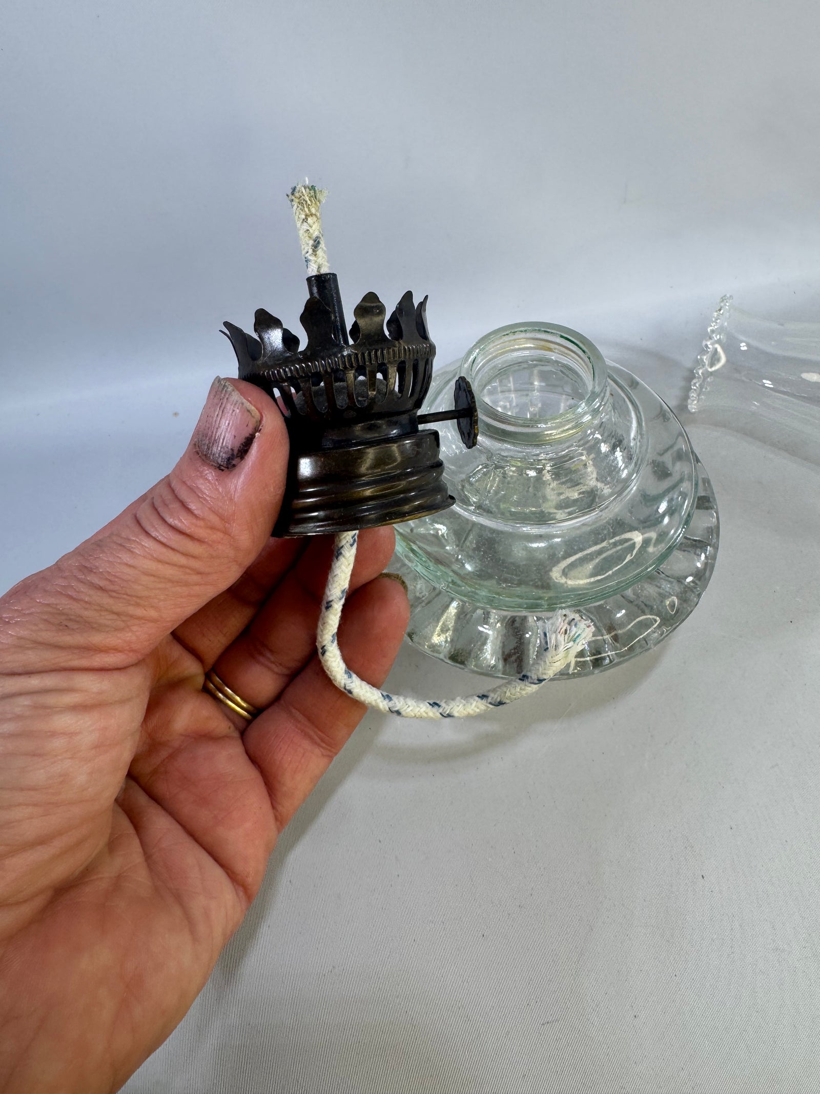 Vintage Clear Glass Kerosene Hurricane Oil Lamp — Ribbed Base with Metal Burner
