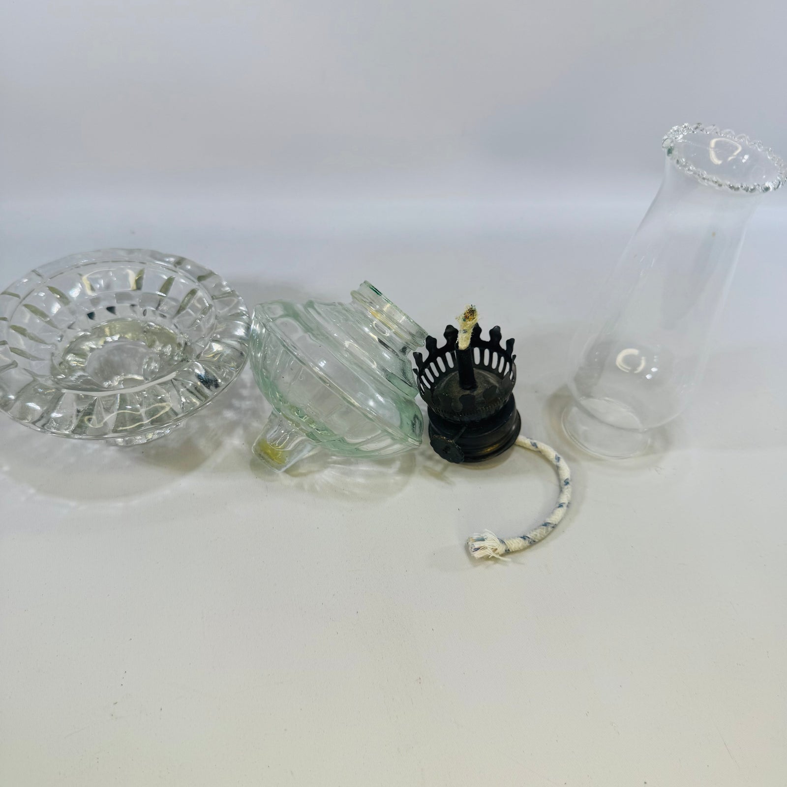 Vintage Clear Glass Kerosene Hurricane Oil Lamp — Ribbed Base with Metal Burner