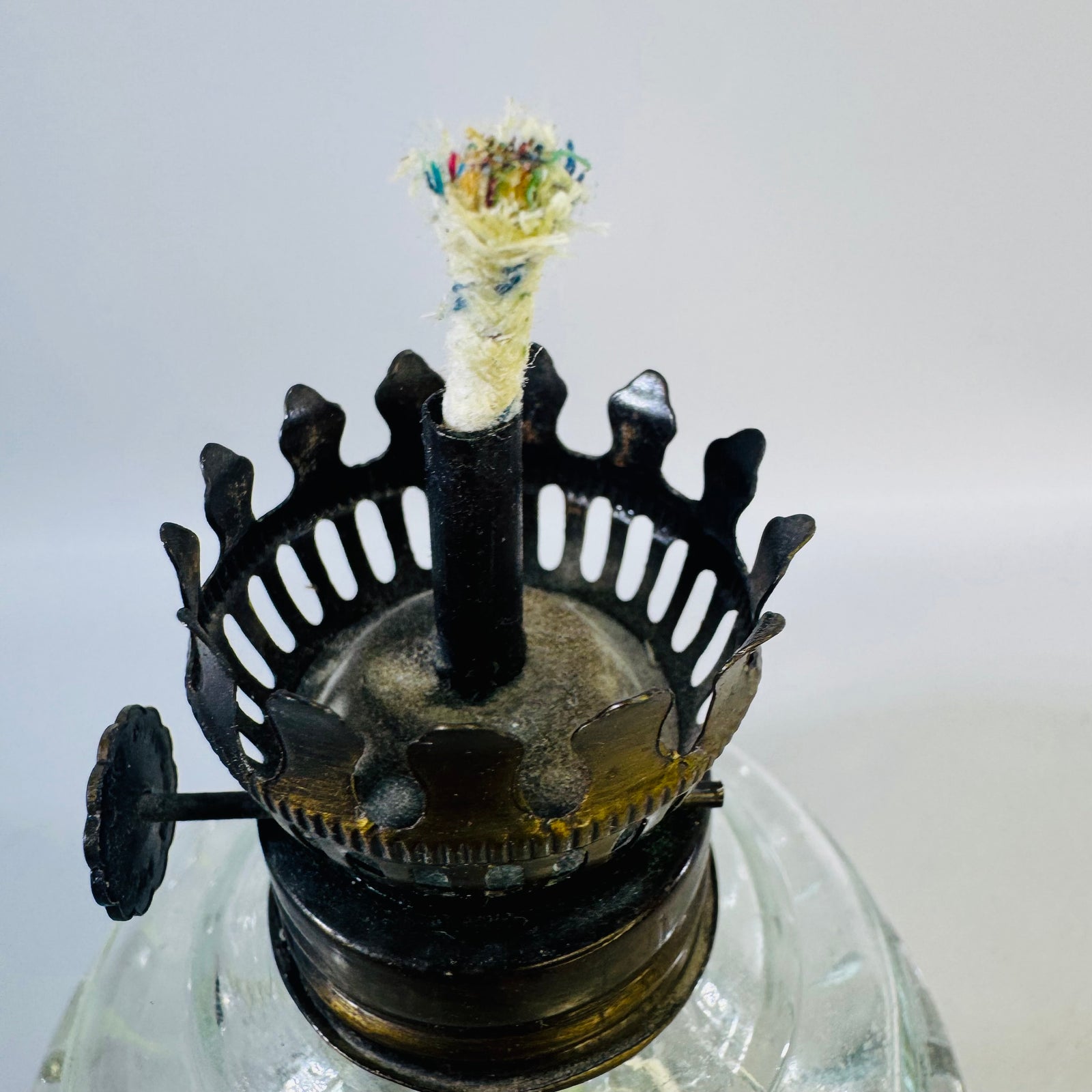 Vintage Clear Glass Kerosene Hurricane Oil Lamp — Ribbed Base with Metal Burner