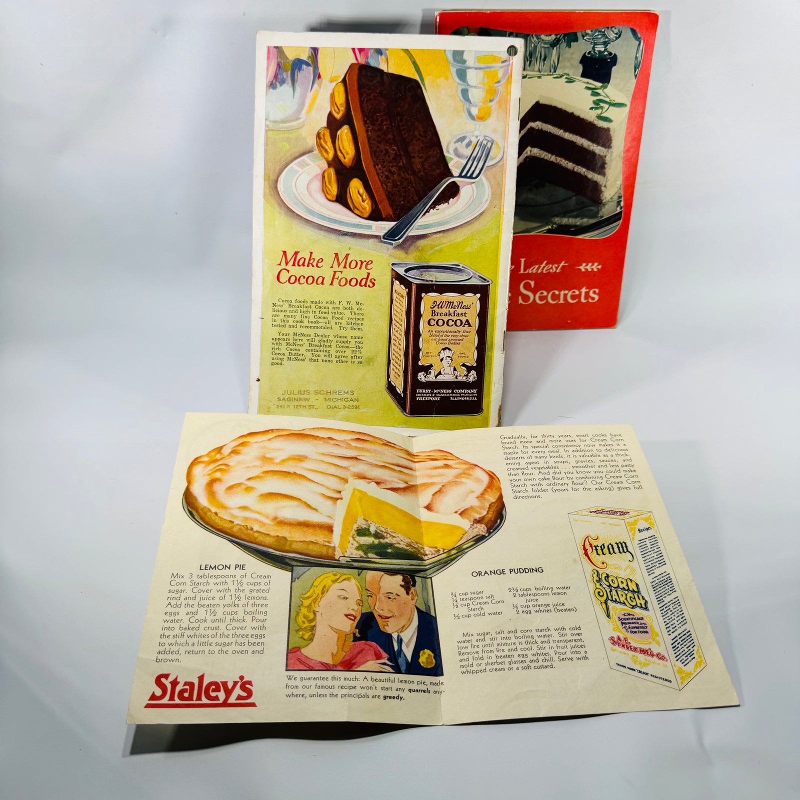 Vintage Cooking Ephemera Bundle — McNess Cook Book, Cake Secrets (1934), Lemon Pie Pamphlet | Advertising Recipes, Vintage Cooking Ephemera