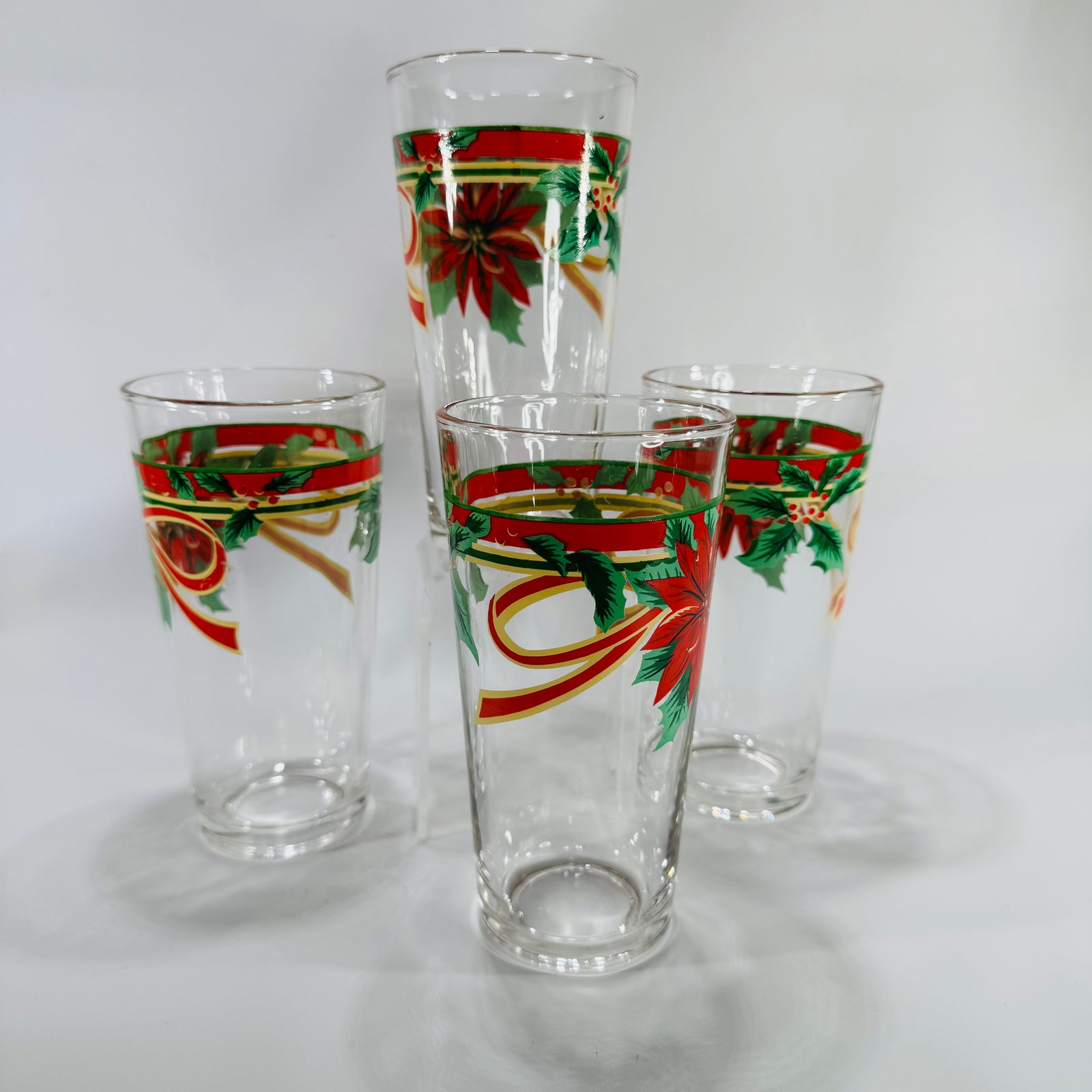 Vintage Fairfield Poinsettia & Ribbon Tumblers Set of 4 | 14oz Christmas Holiday Iced Tea Glasses | 1990's KIG Indonesia
