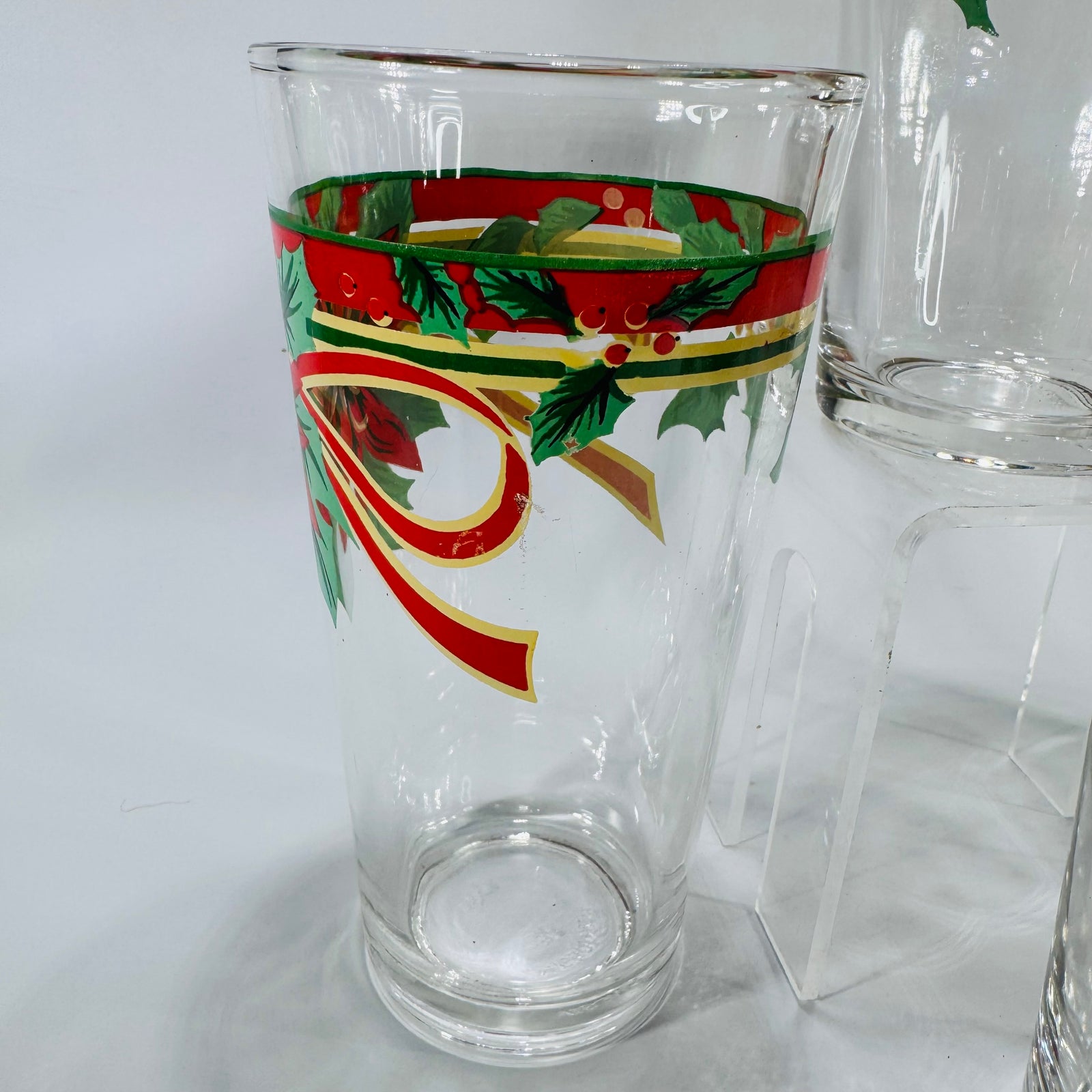 Vintage Fairfield Poinsettia & Ribbon Tumblers Set of 4 | 14oz Christmas Holiday Iced Tea Glasses | 1990's KIG Indonesia