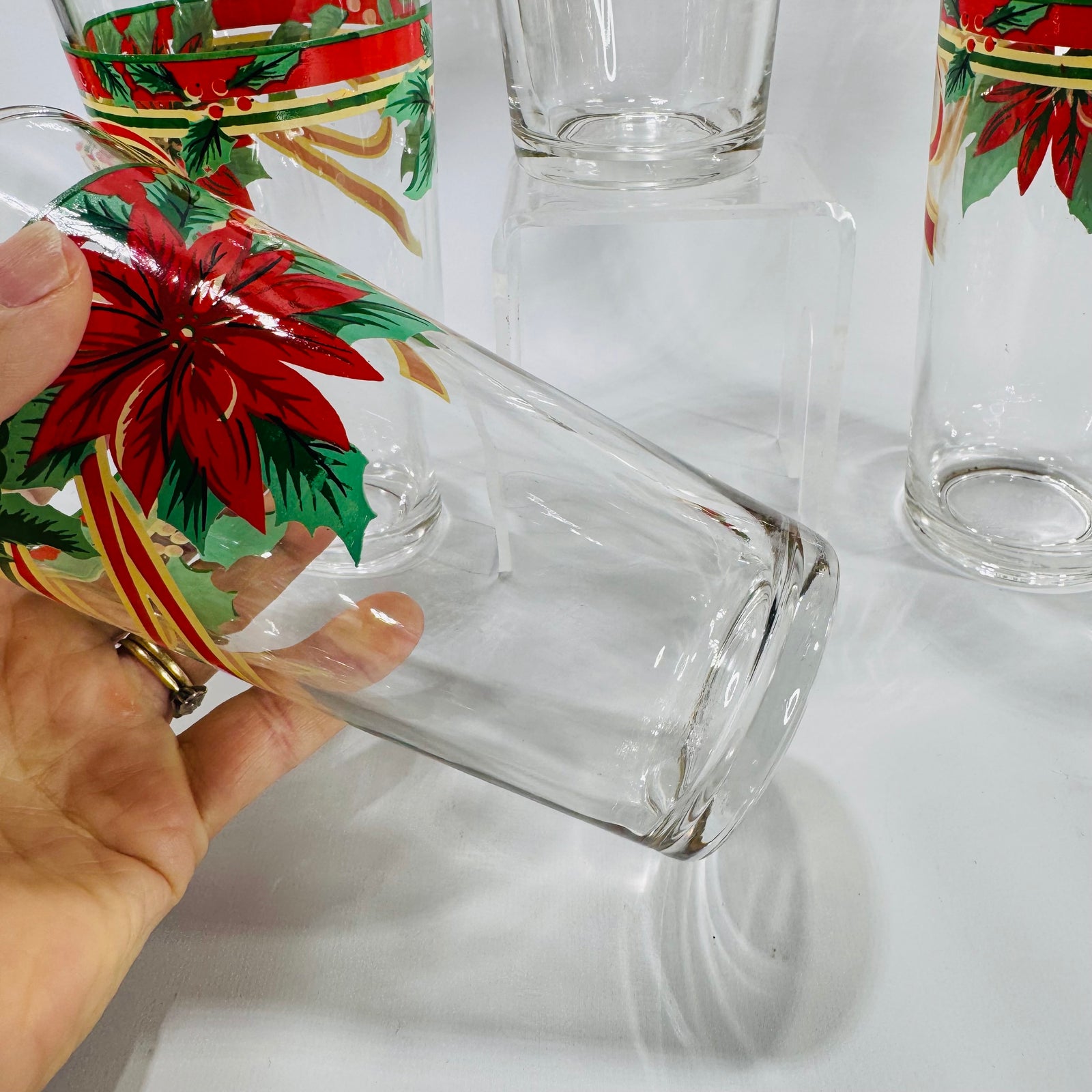 Vintage Fairfield Poinsettia & Ribbon Tumblers Set of 4 | 14oz Christmas Holiday Iced Tea Glasses | 1990's KIG Indonesia