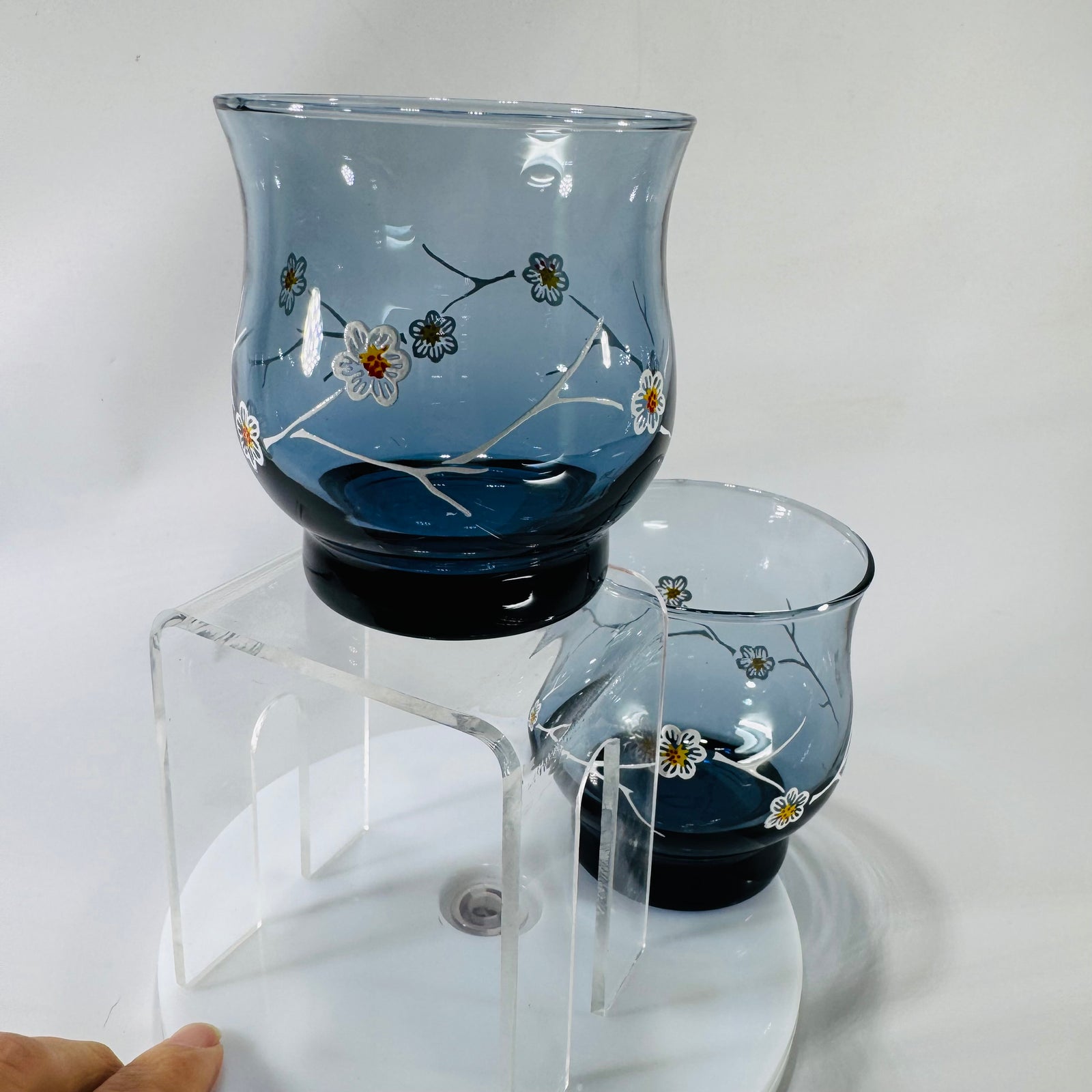 Vintage Libbey Dogwood Glasses Smoky Blue Floral Tumblers Mid Century Modern 1970s Set of 2