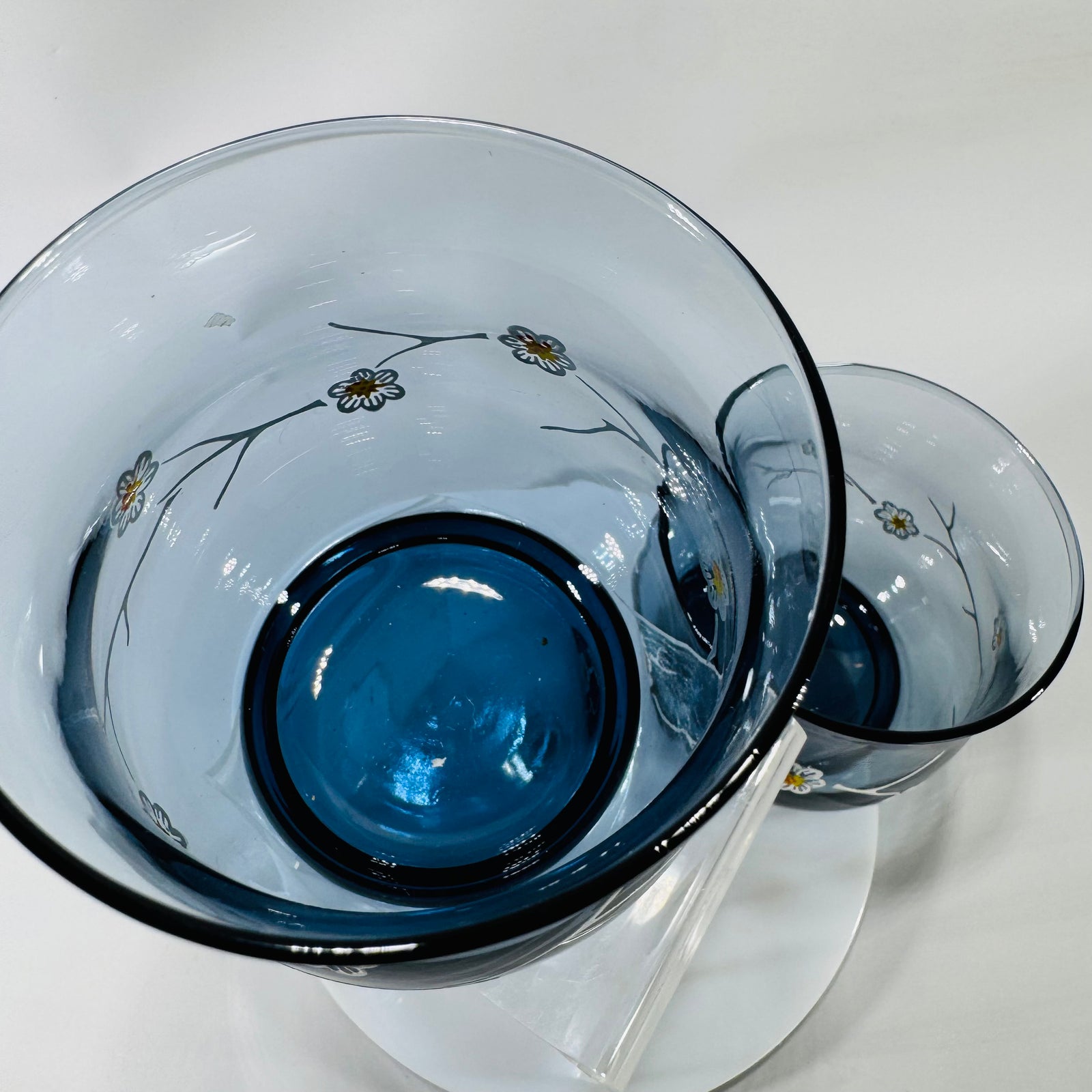 Vintage Libbey Dogwood Glasses Smoky Blue Floral Tumblers Mid Century Modern 1970s Set of 2