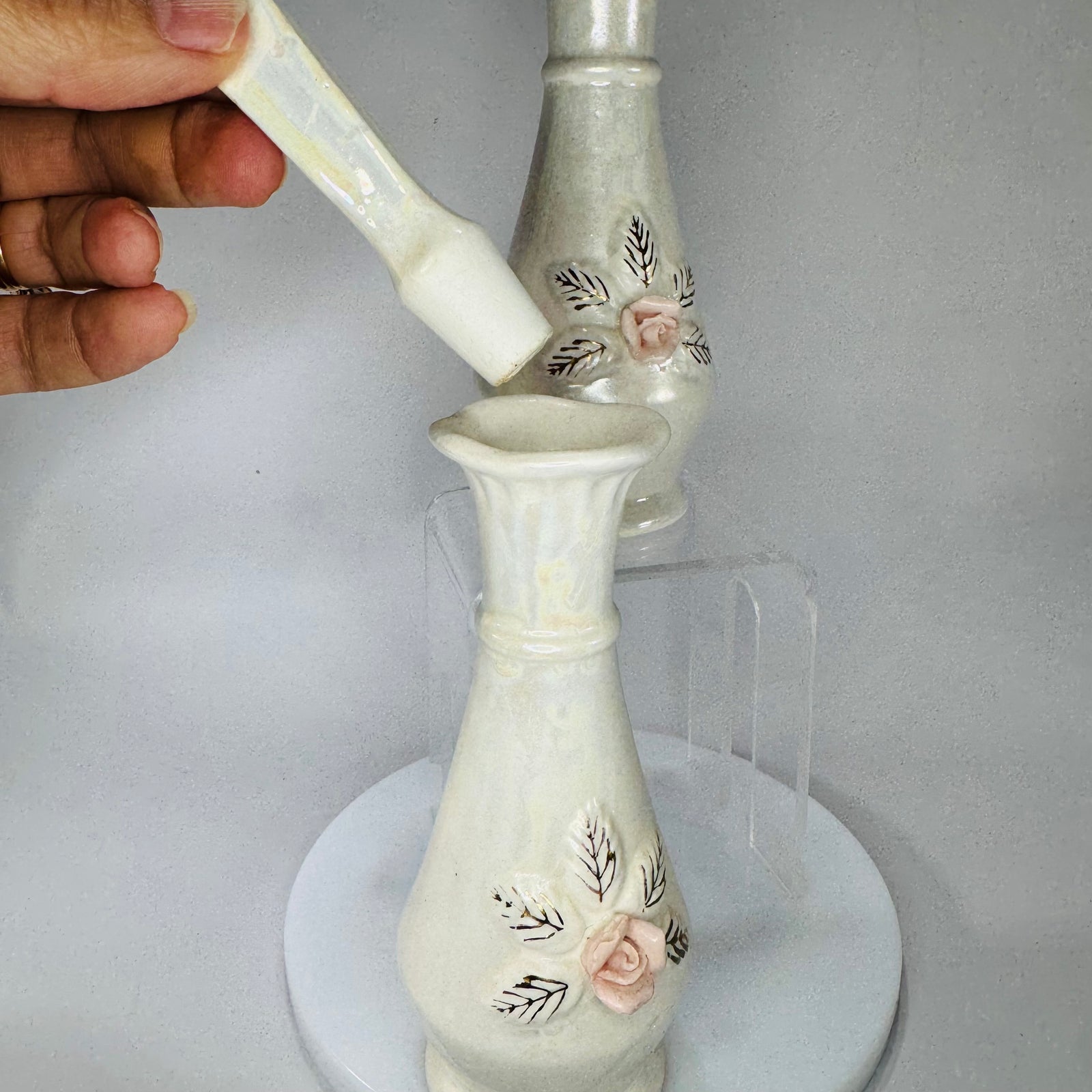 Set of Vintage Nasco Japan Iridescent Porcelain Perfume Bottles w/ Stoppers – Pink Rose Vanity Décor (2)