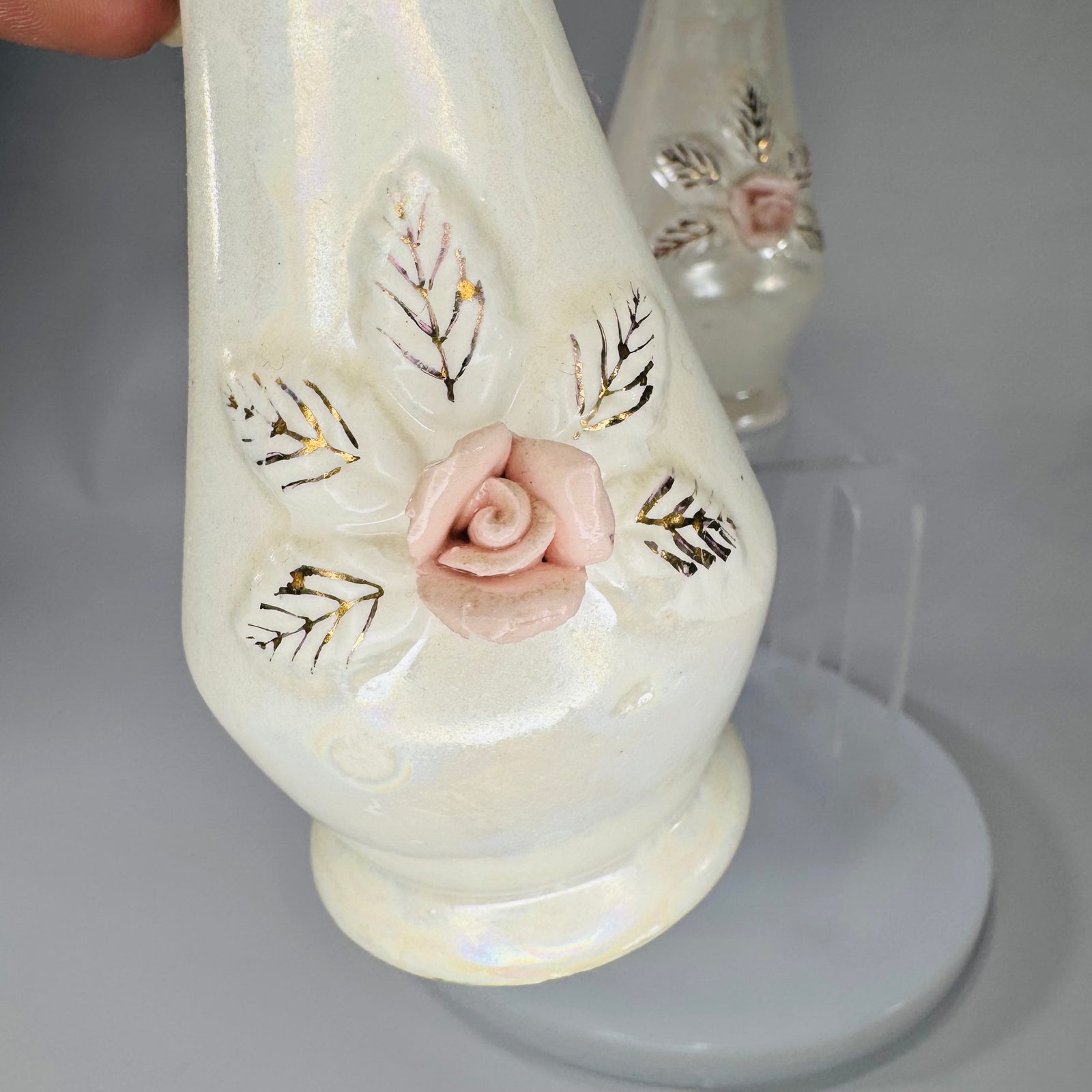 Set of Vintage Nasco Japan Iridescent Porcelain Perfume Bottles w/ Stoppers – Pink Rose Vanity Décor (2)