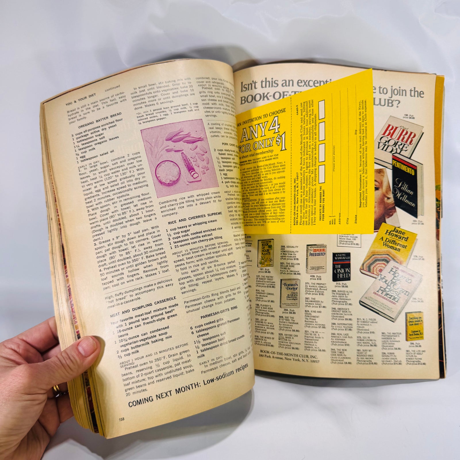 Good Housekeeping February 1974 recipe page and Book-of-the-Month Club insert