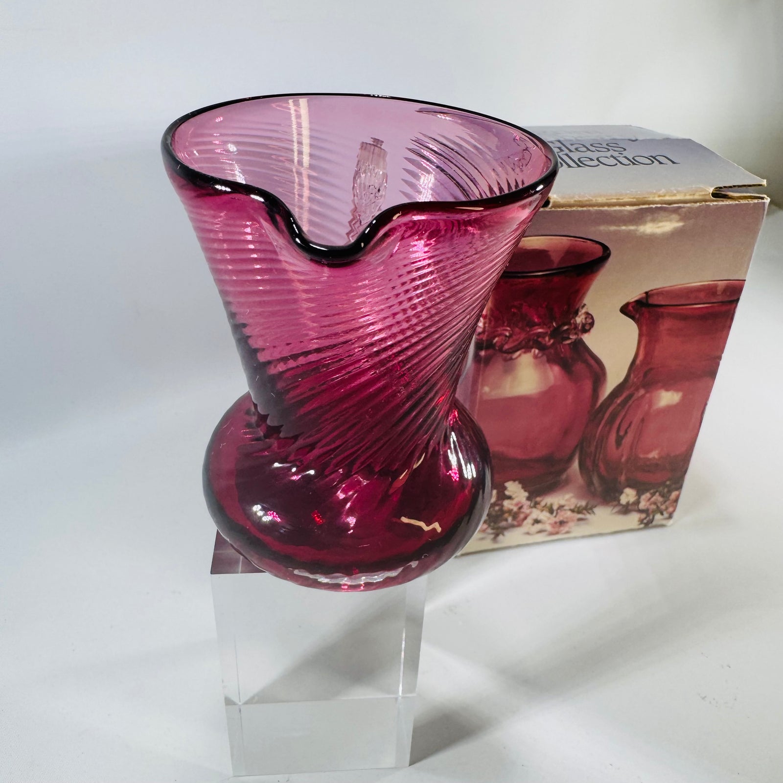 Pilgrim Cranberry Glass Mini Pitcher Atlanta Swirl Hand Blown Art Glass with Original Box
