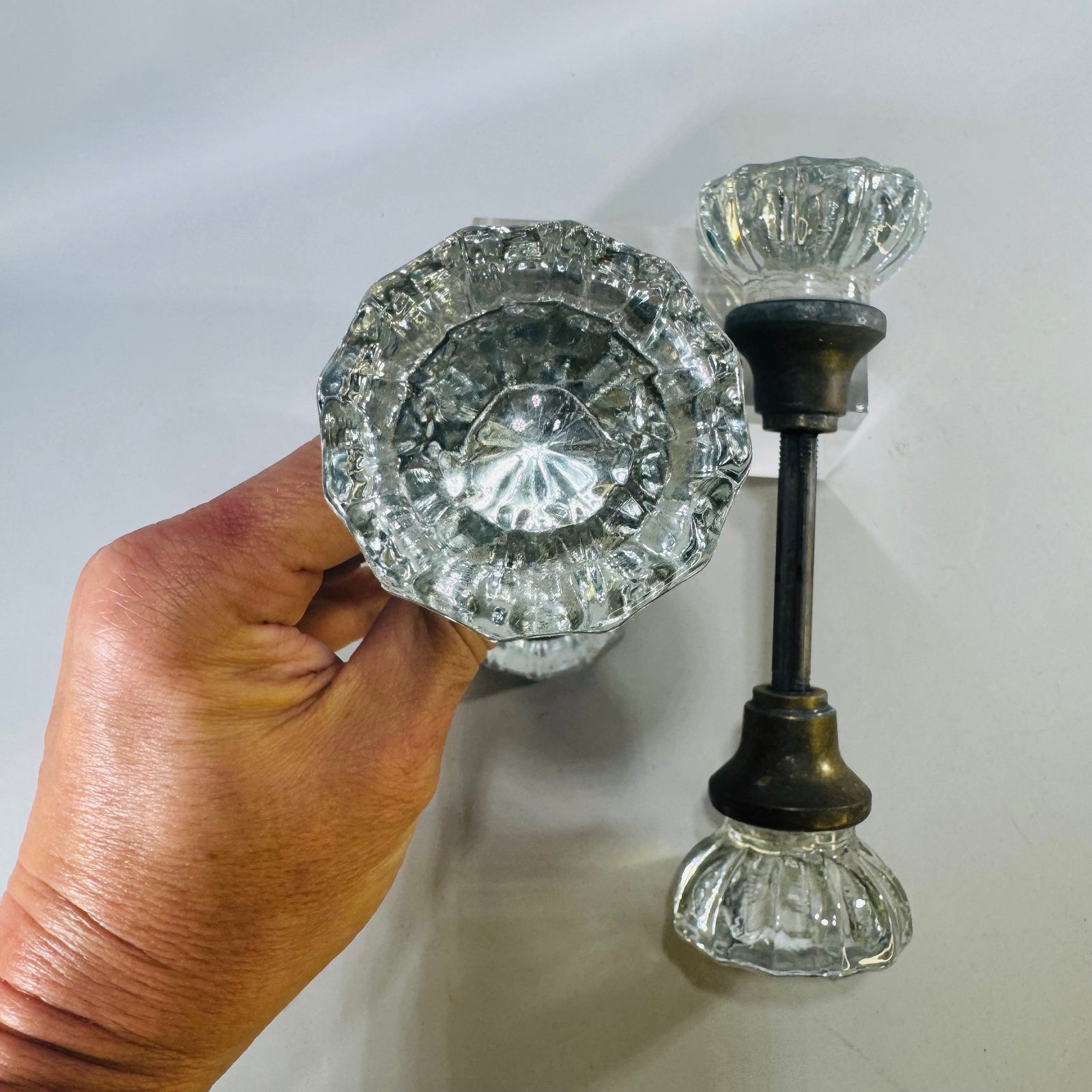 Vintage Glass Doorknob Set Bundle, 4 Fluted Clear Knobs With 2 Threaded Spindles, Antique Door Hardware