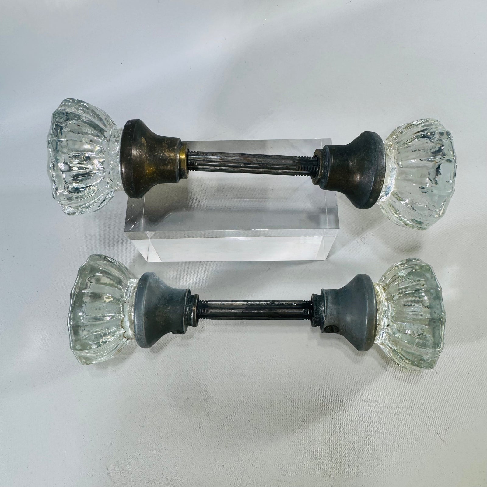 Vintage Glass Doorknob Set Bundle, 4 Fluted Clear Knobs With 2 Threaded Spindles, Antique Door Hardware